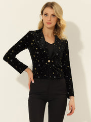 Metallic Star Single Button Velvet Lapel Crop Blazer