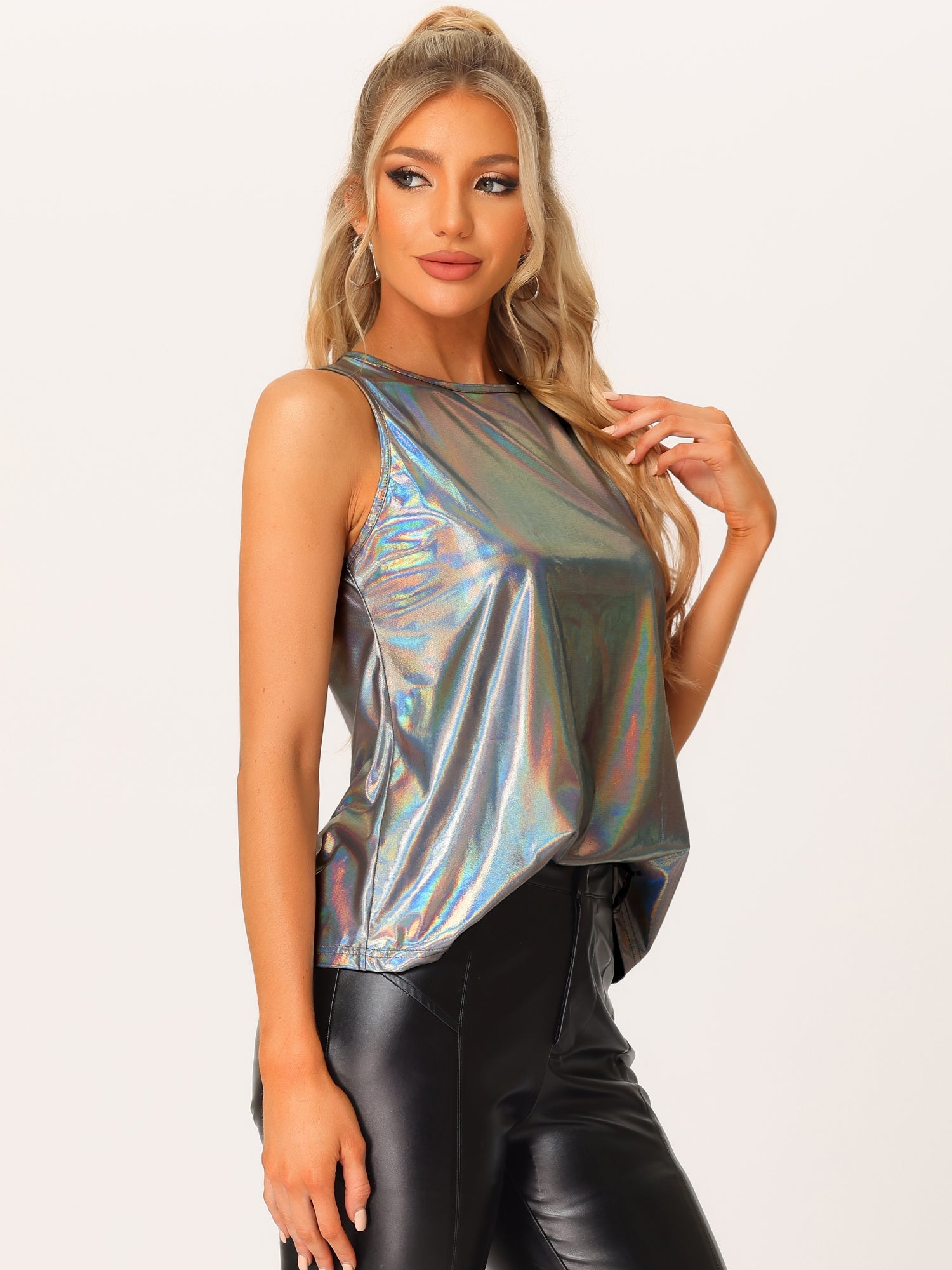 Shiny Sleeveless Camisole Club Shimmer Metallic Tank Top