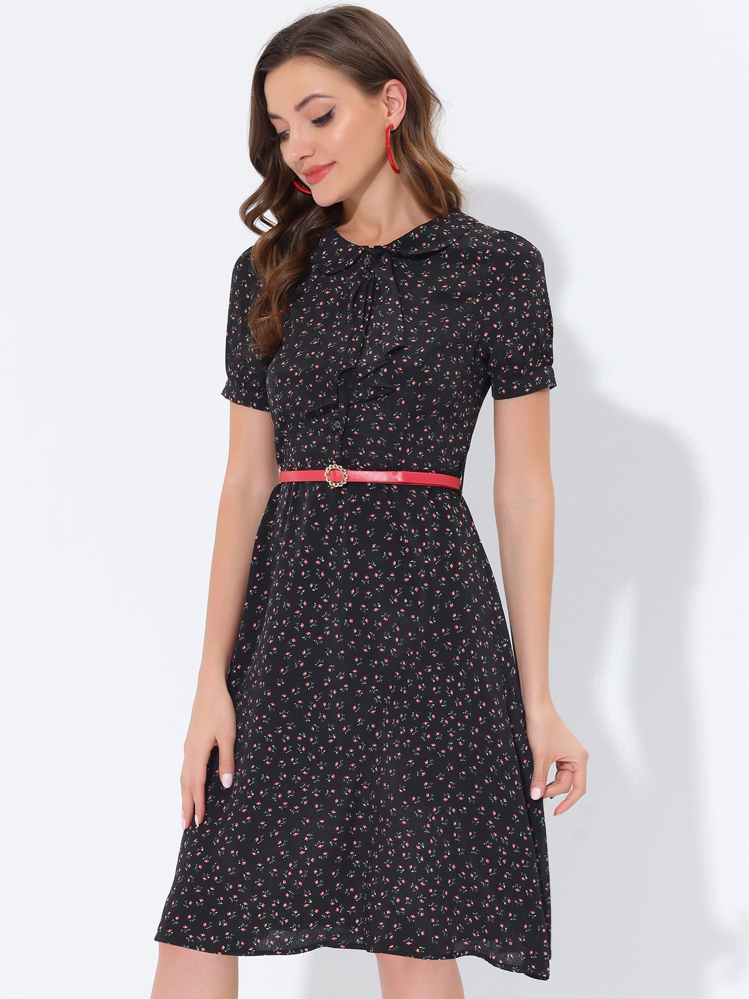 Peter Pan Collar Tie Neck Short Sleeve A-Line Belted Floral Dress