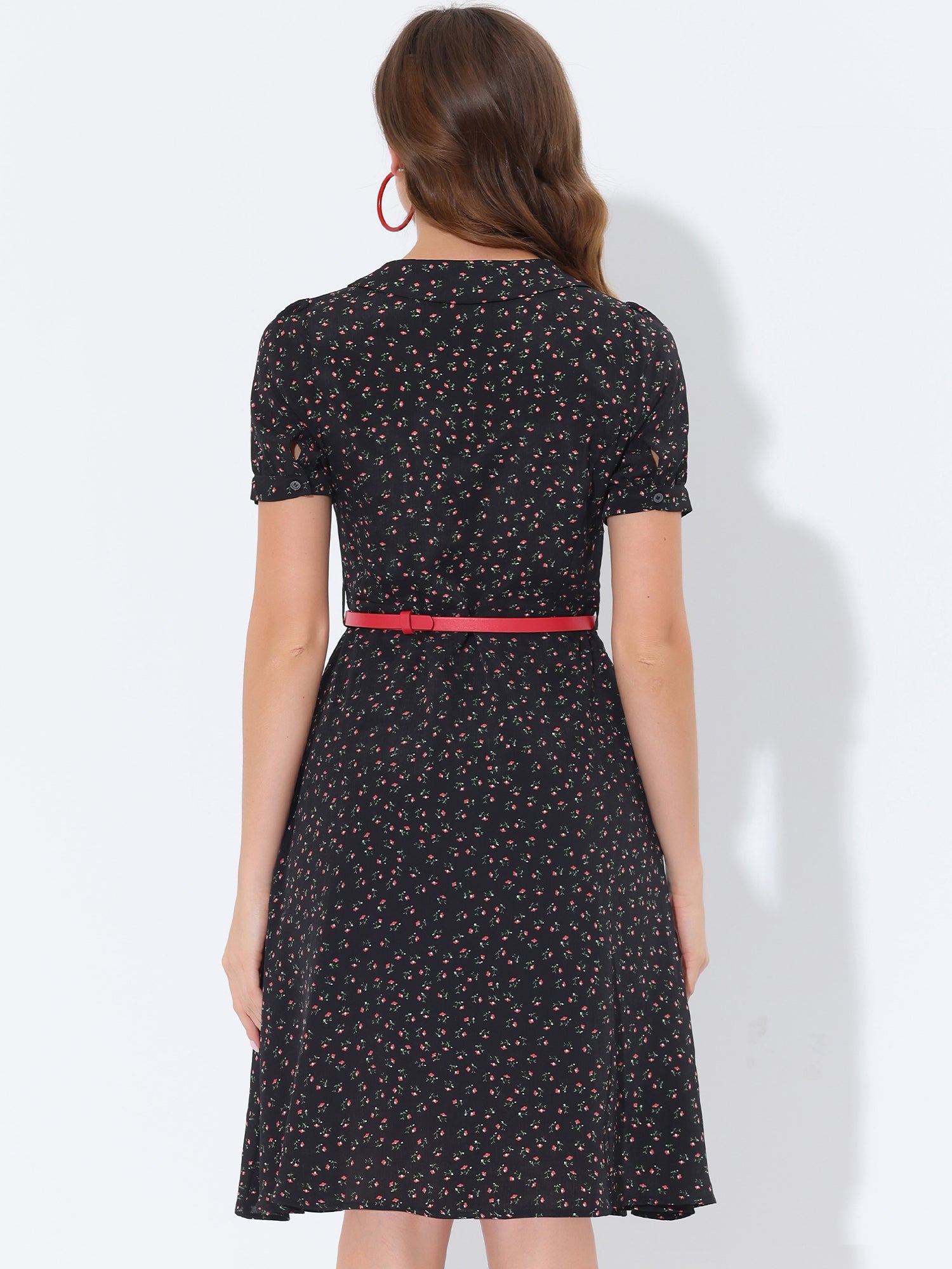 Peter Pan Collar Tie Neck Short Sleeve A-Line Belted Floral Dress
