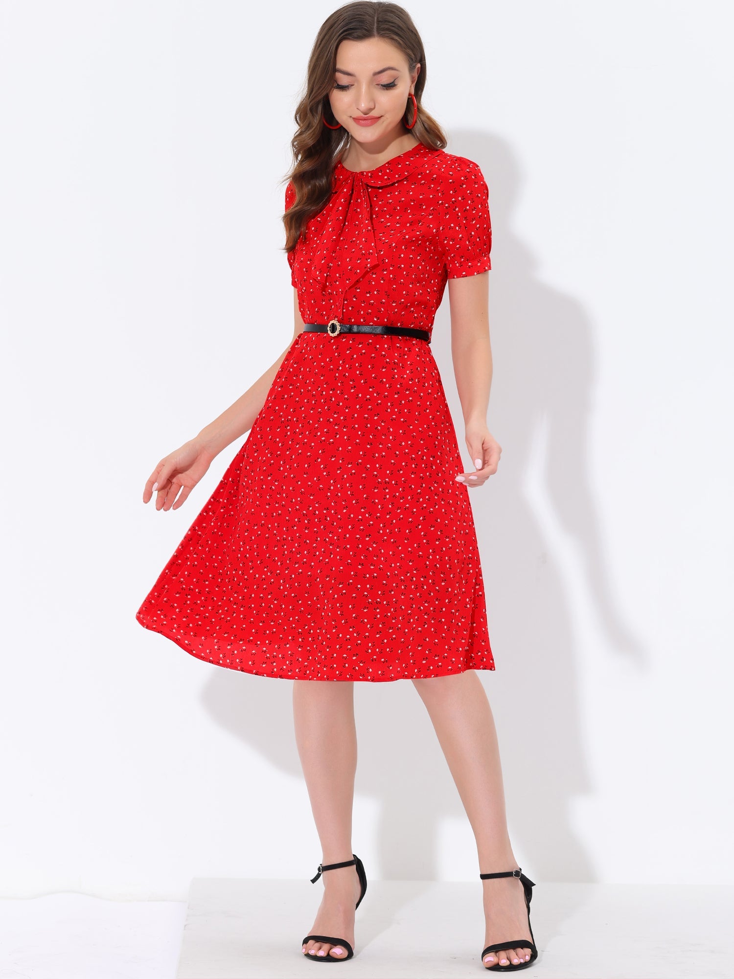 Peter Pan Collar Tie Neck Short Sleeve A-Line Belted Floral Dress