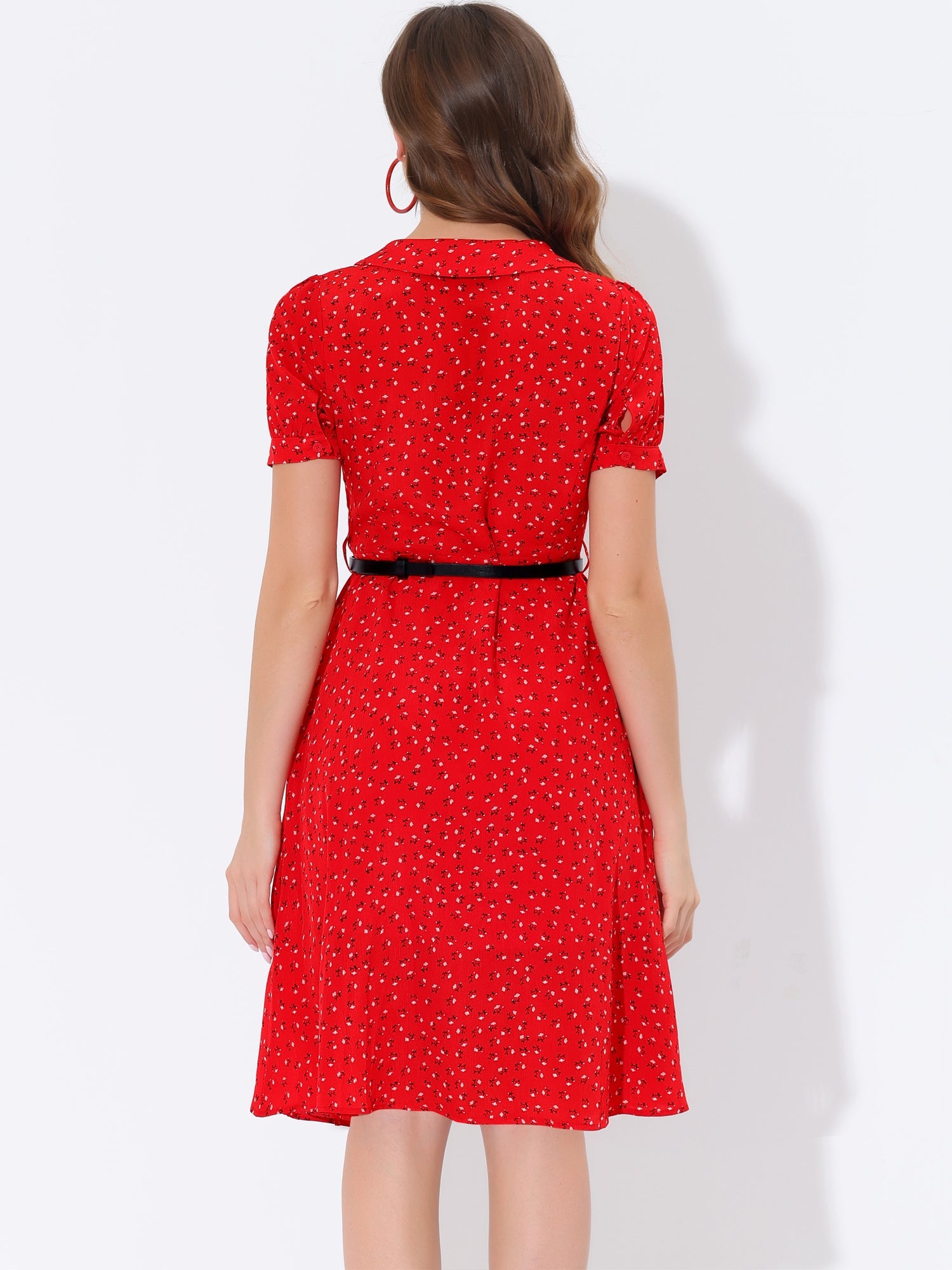 Peter Pan Collar Tie Neck Short Sleeve A-Line Belted Floral Dress