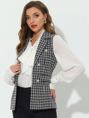 Tweed Open Front Plaid Sleeveless Cardigan Blazer Jacket Vest