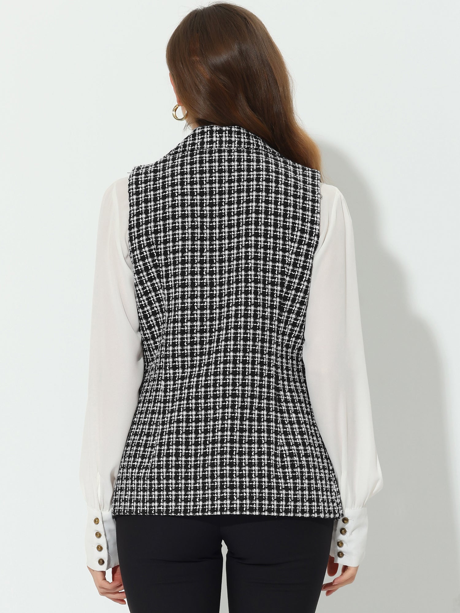 Tweed Open Front Plaid Sleeveless Cardigan Blazer Jacket Vest