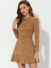 Faux Suede Round Neck Long Sleeve Ruffle Hem Party Mini Dress
