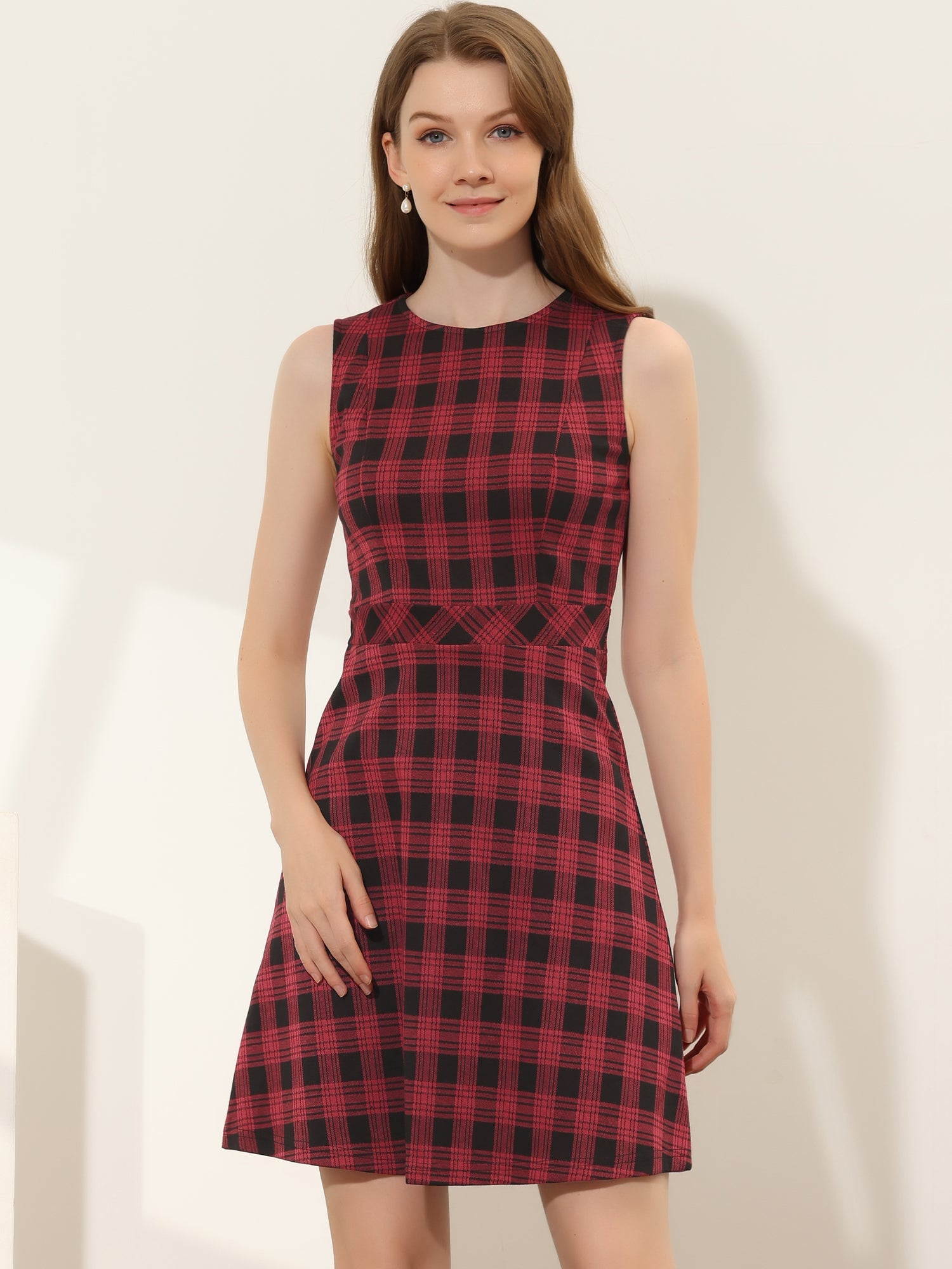 Plaid Sleeveless Fit and Flare Houndstooth Work Dress