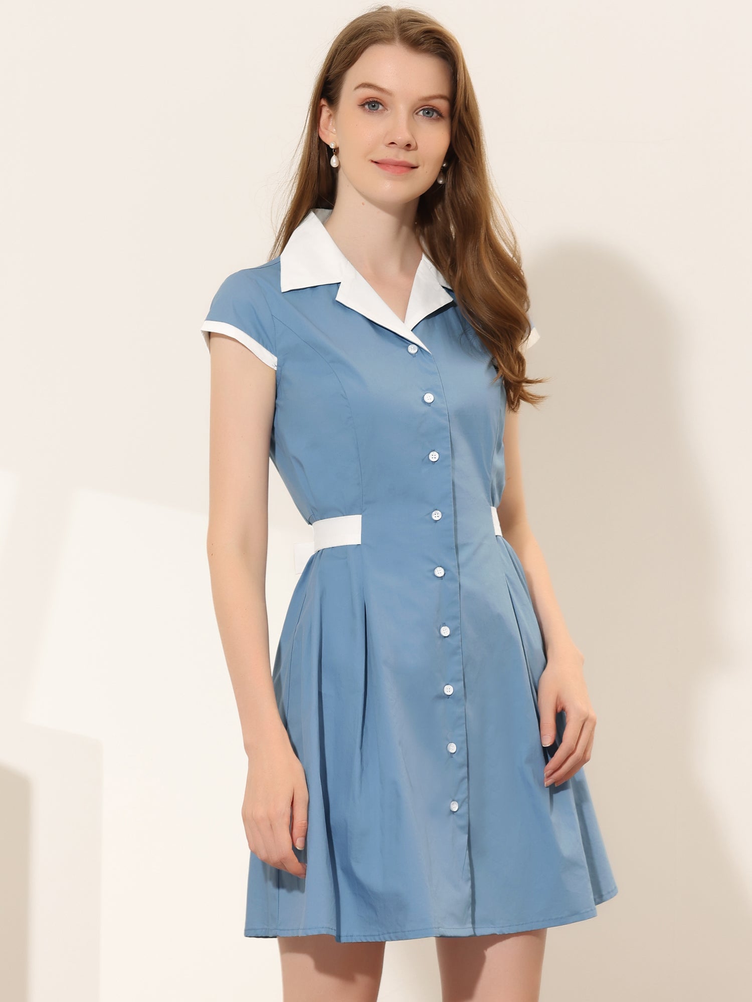Retro Button Down Flat Collar Belted Office Mini Shirt Dress