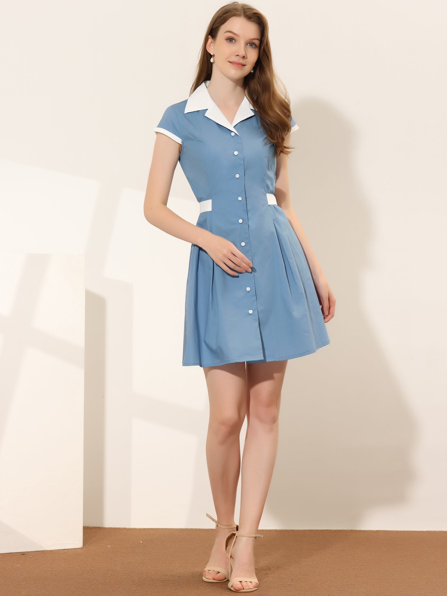Retro Button Down Flat Collar Belted Office Mini Shirt Dress