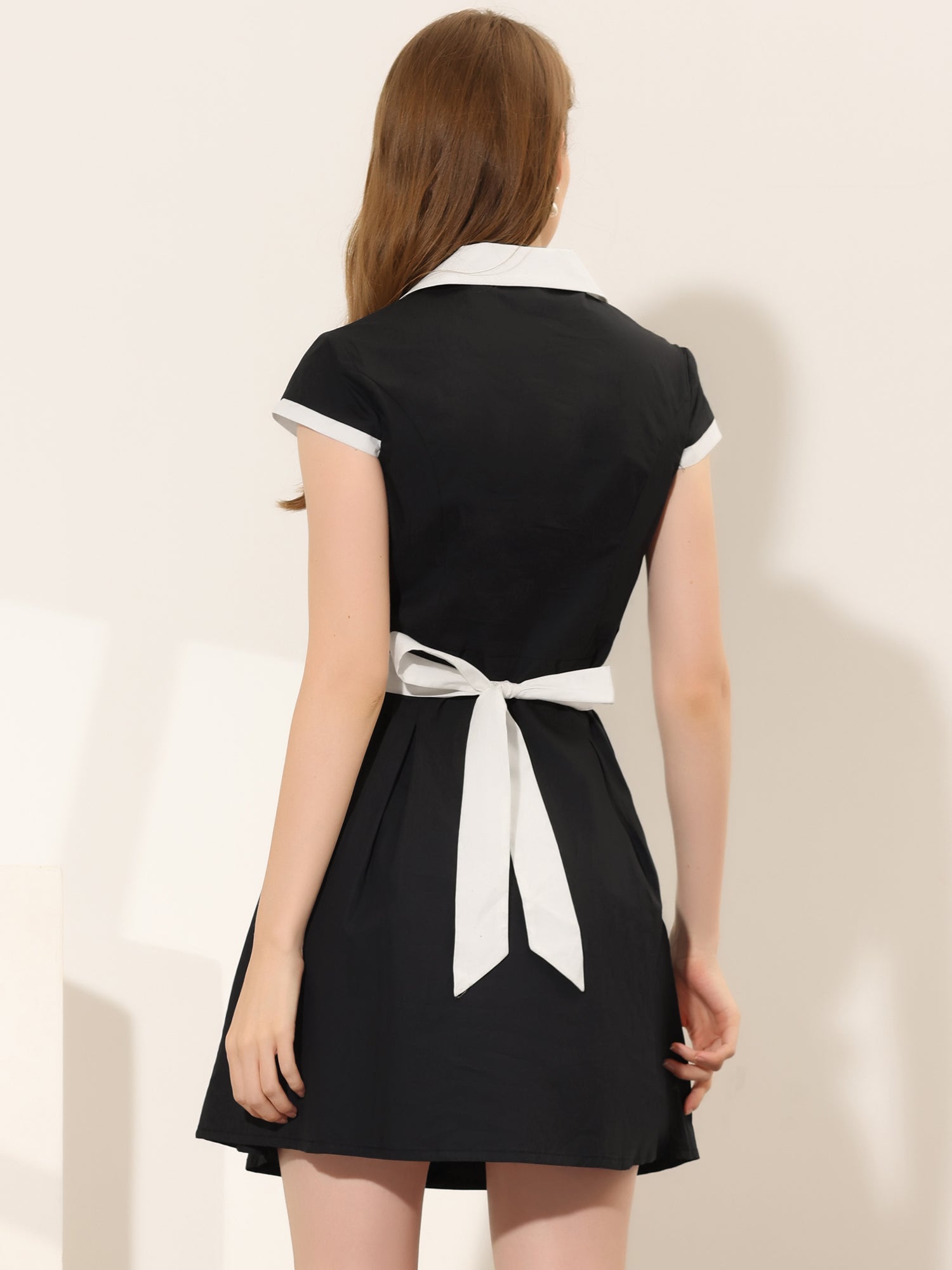 Retro Button Down Flat Collar Belted Office Mini Shirt Dress