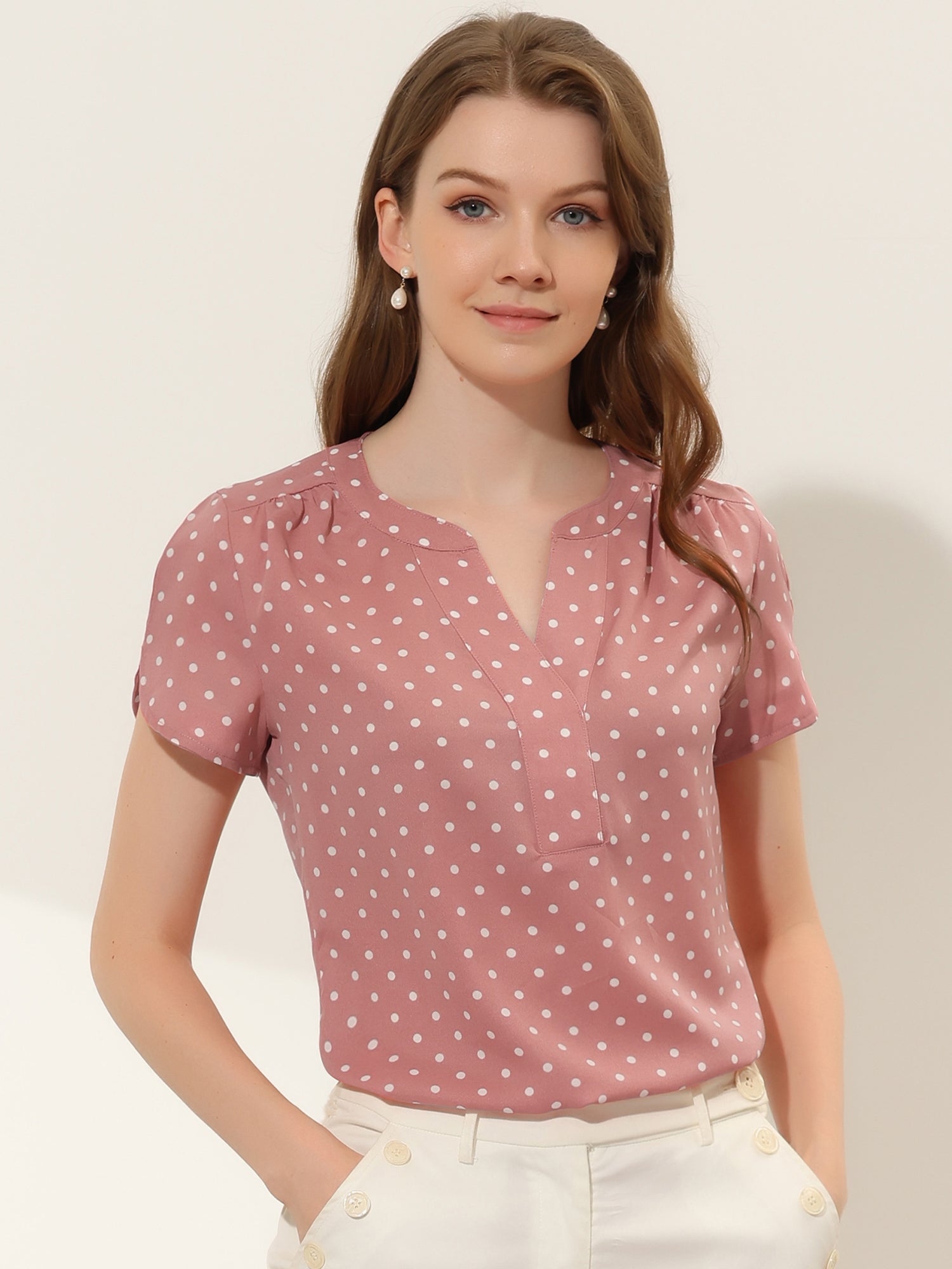 Polka Dots Print V Neck Short Sleeve Elegant Work Office Tops