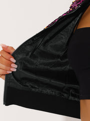Sequin Long Sleeve Zipper Up Collarless Glitter Bomber Jacket
