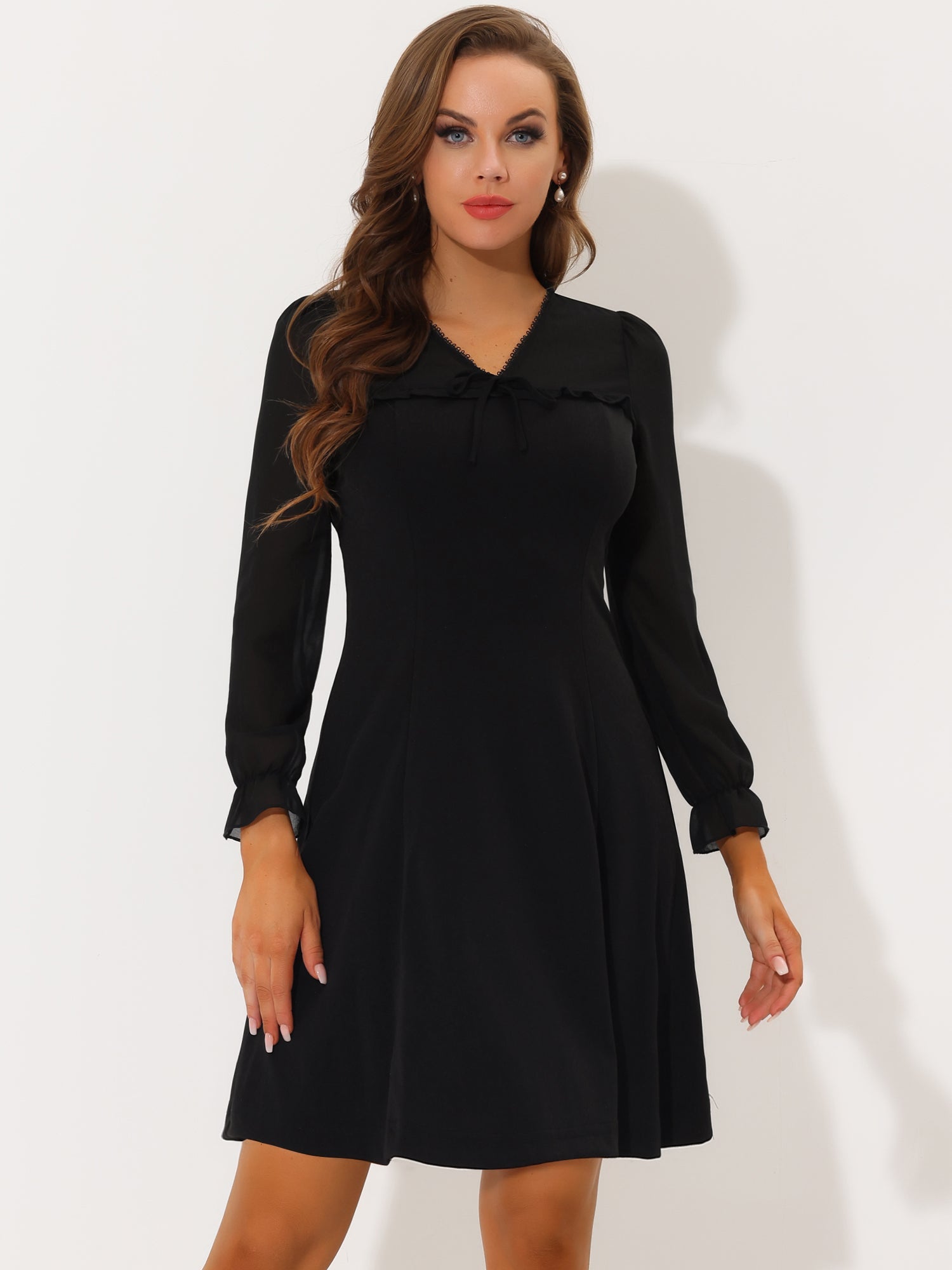 Ruffle V Neck Mesh Sheer Panel Long Sleeve Chiffon Mini Dress