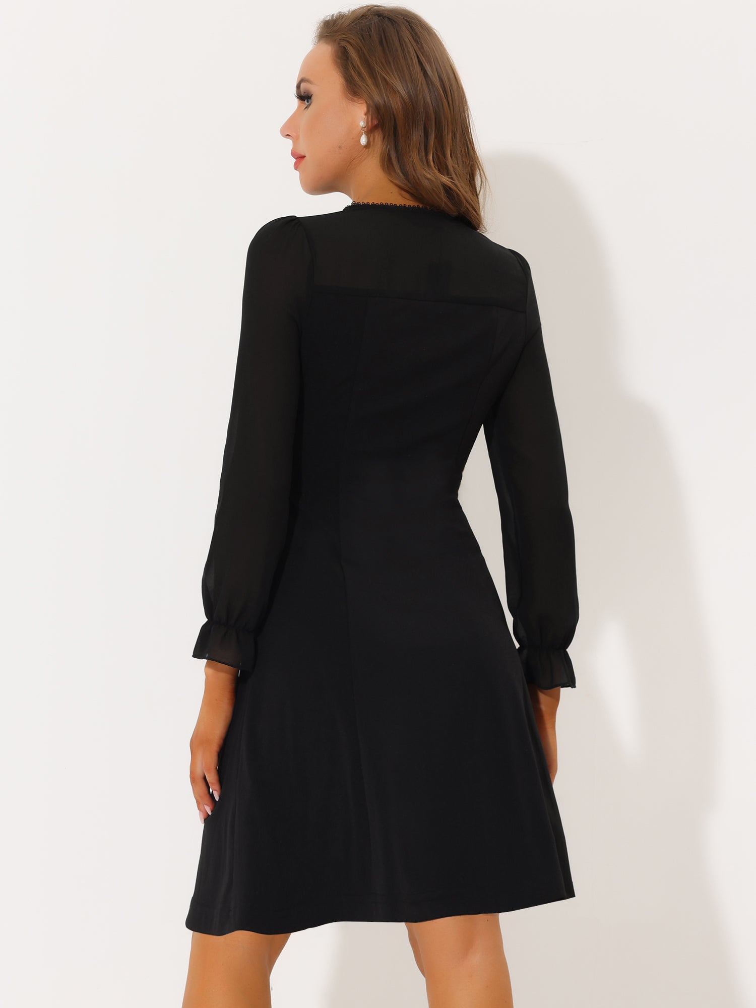Ruffle V Neck Mesh Sheer Panel Long Sleeve Chiffon Mini Dress