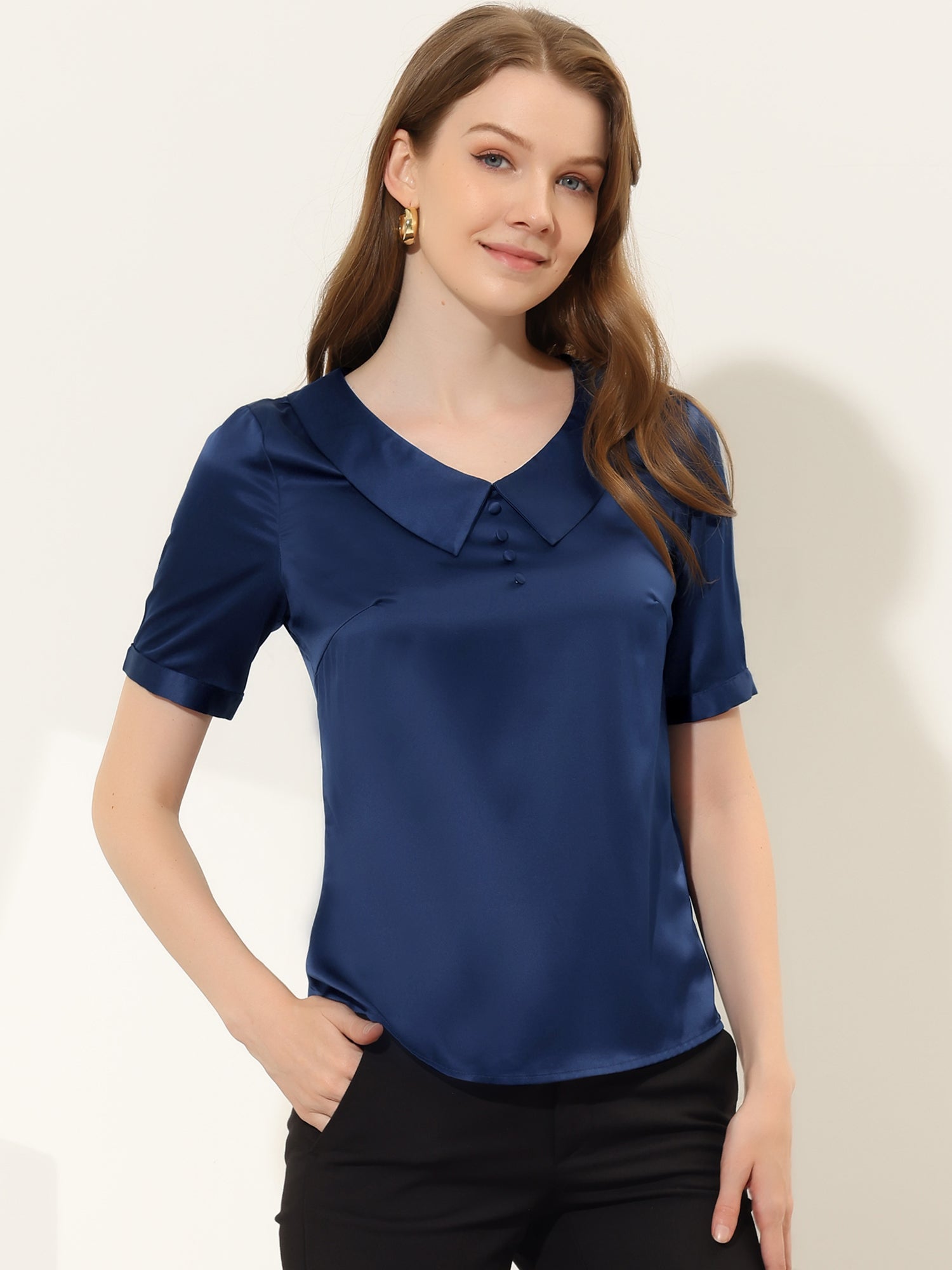 Work Top Turndown Collar Button Decor Short Sleeve Satin Blouse