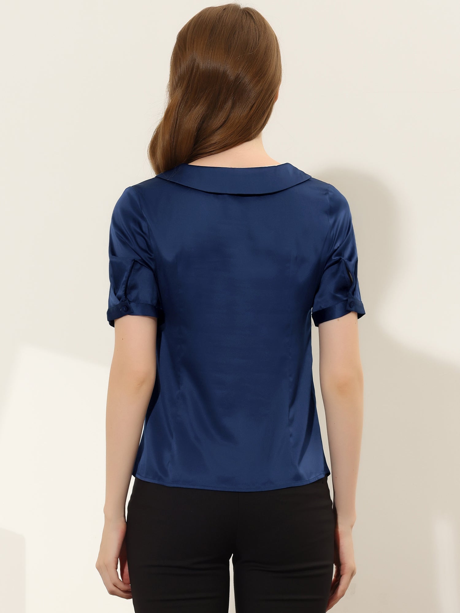 Work Top Turndown Collar Button Decor Short Sleeve Satin Blouse
