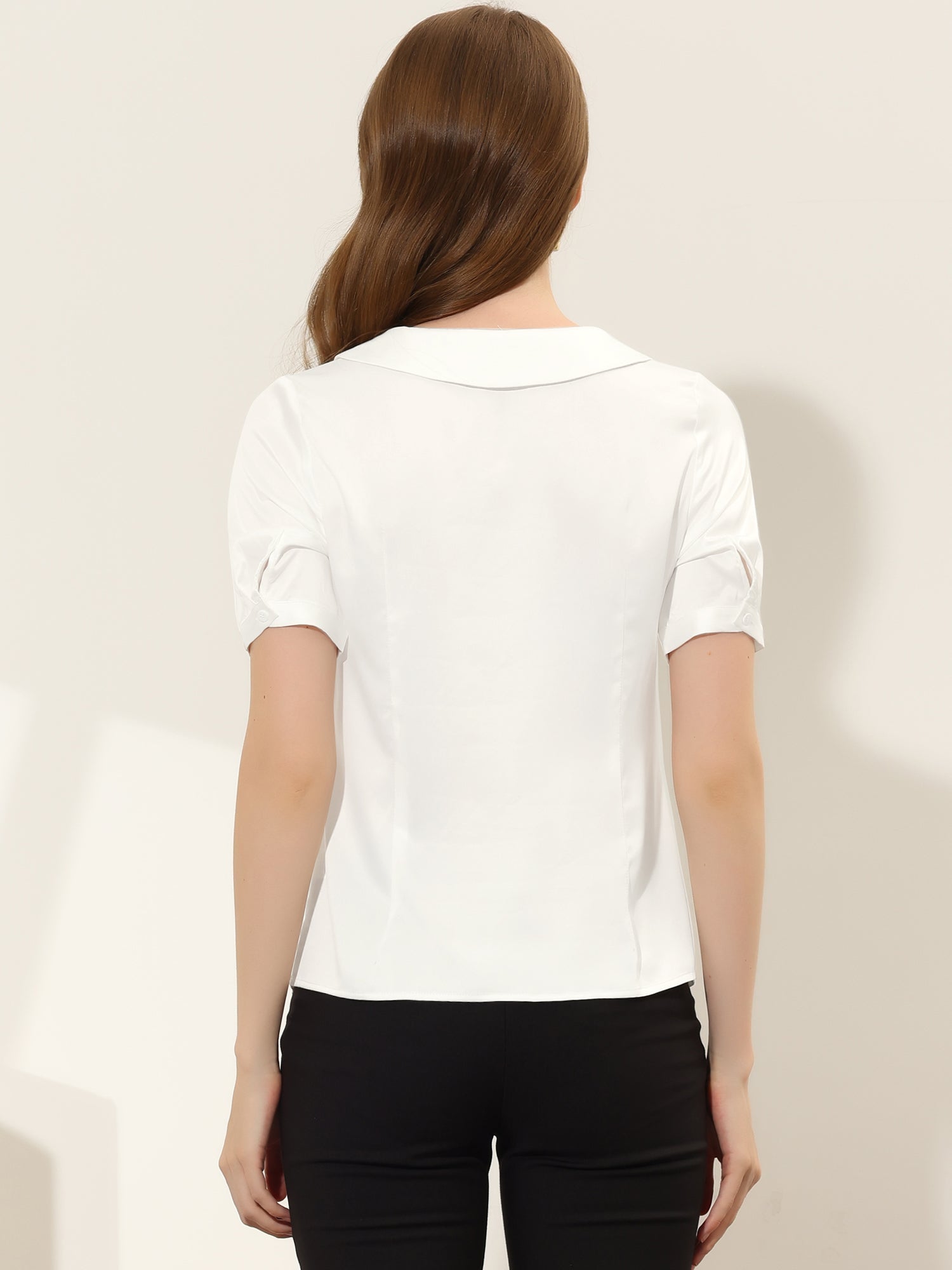 Work Top Turndown Collar Button Decor Short Sleeve Satin Blouse