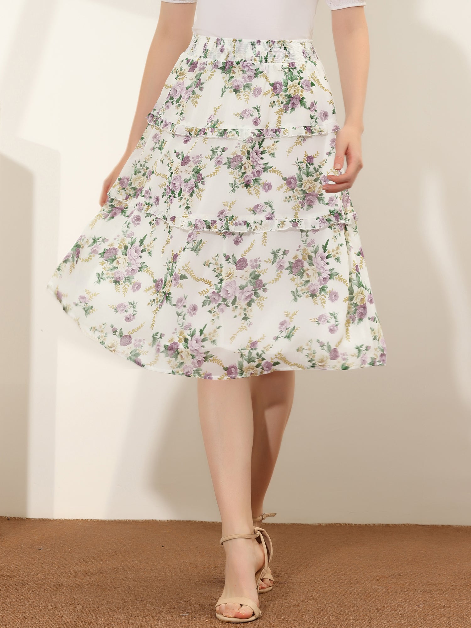 Floral Smocked Elastic Waist Knee Length Ruffle Tiered Skirt