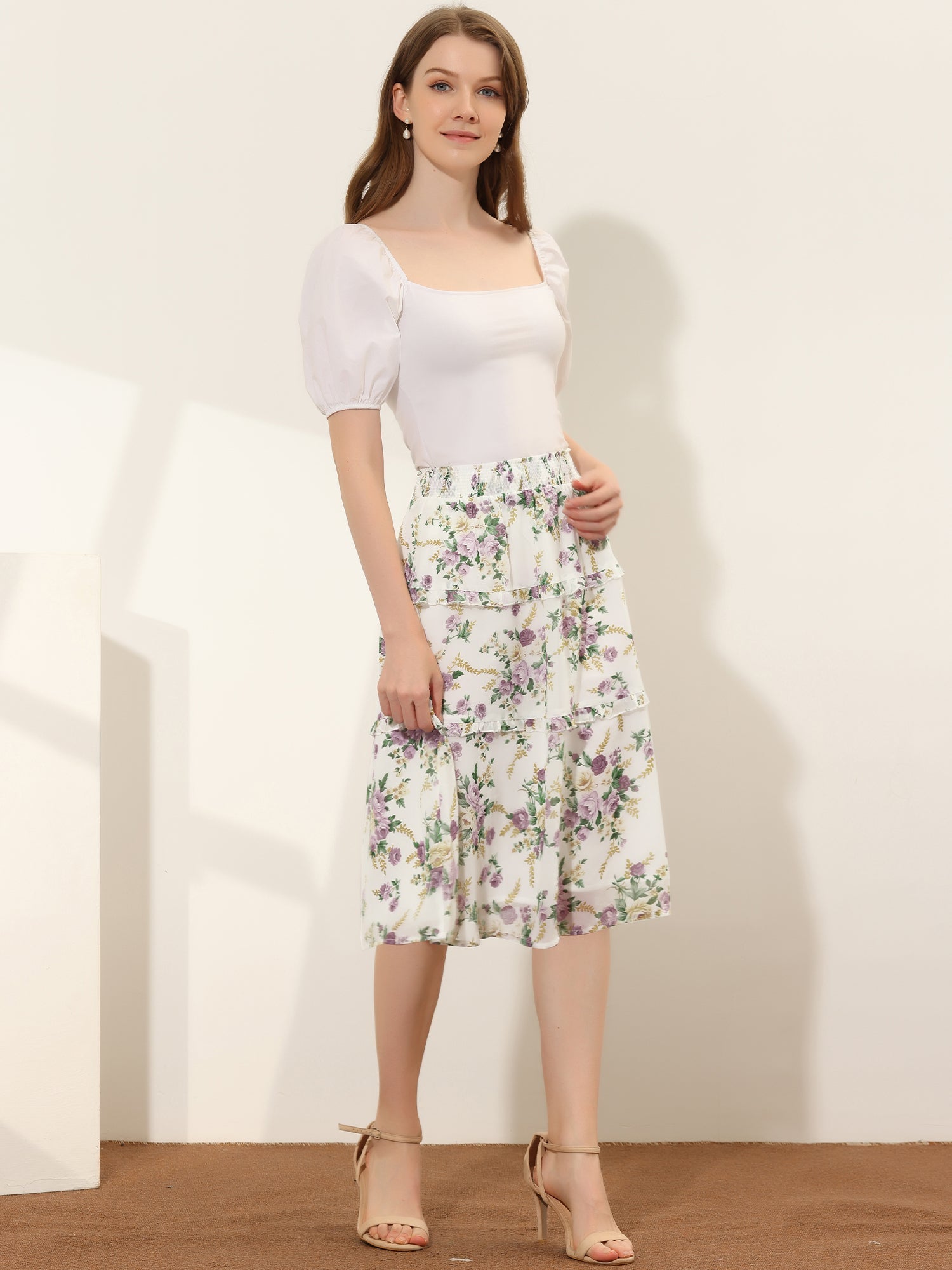 Floral Smocked Elastic Waist Knee Length Ruffle Tiered Skirt