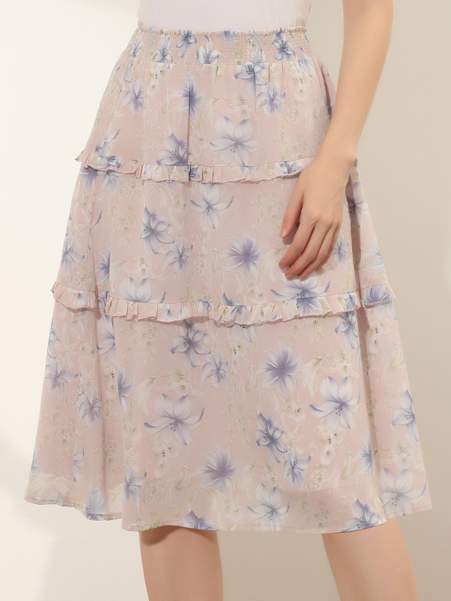 Floral Smocked Elastic Waist Knee Length Ruffle Tiered Skirt