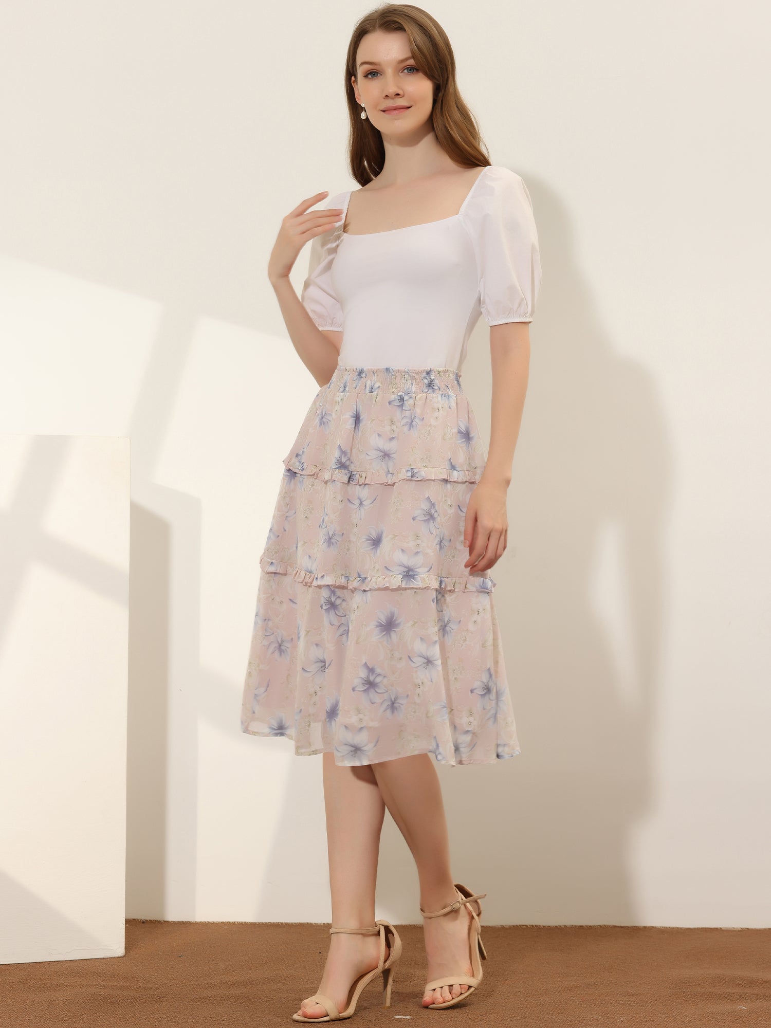 Floral Smocked Elastic Waist Knee Length Ruffle Tiered Skirt