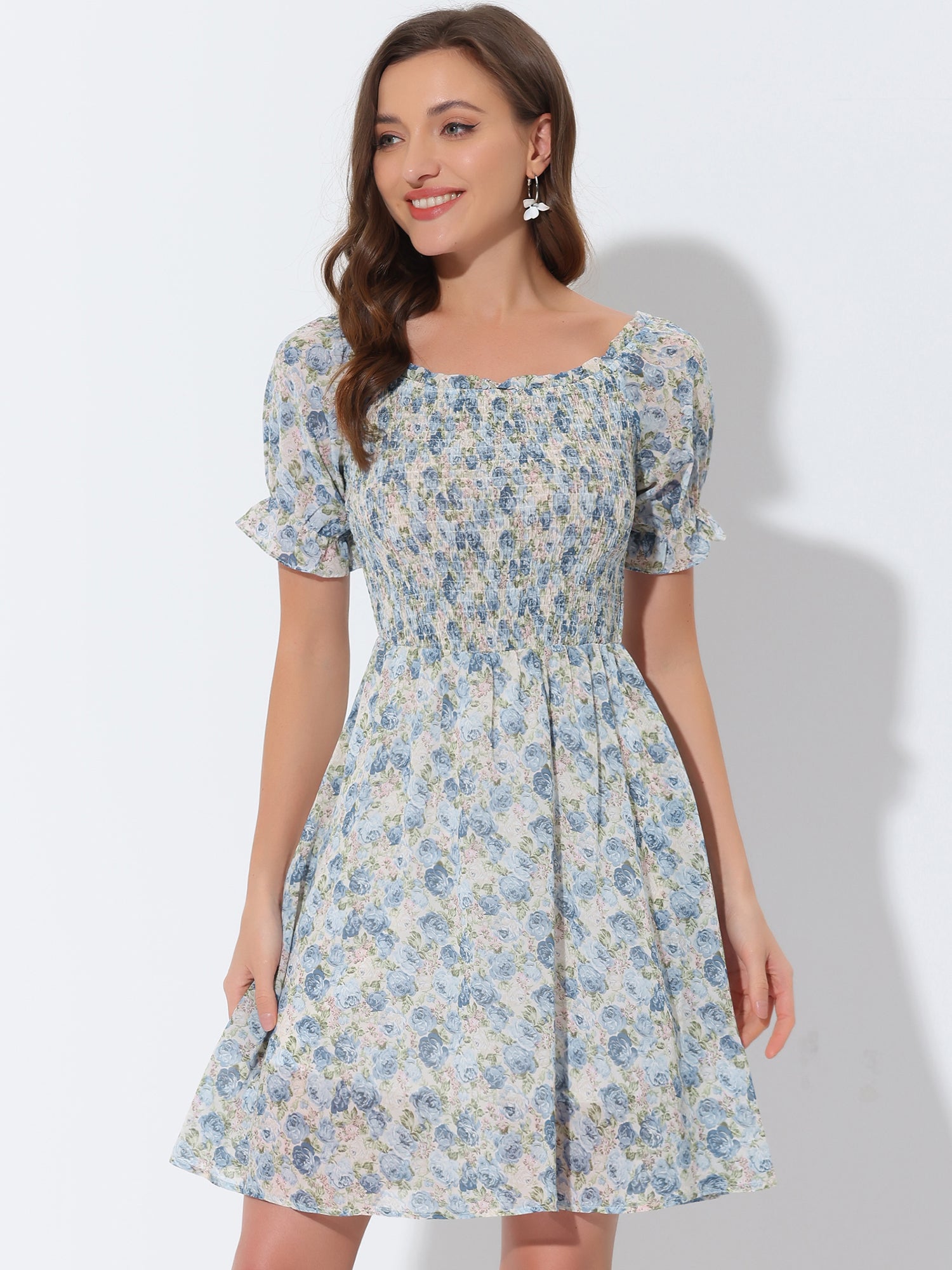 Summer Square Neck Off Shoulder A-Line Smocked Chiffon Floral Dress