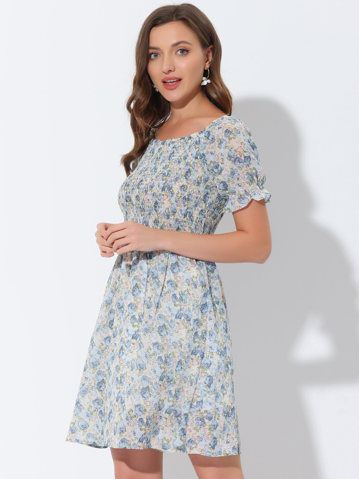 Summer Square Neck Off Shoulder A-Line Smocked Chiffon Floral Dress