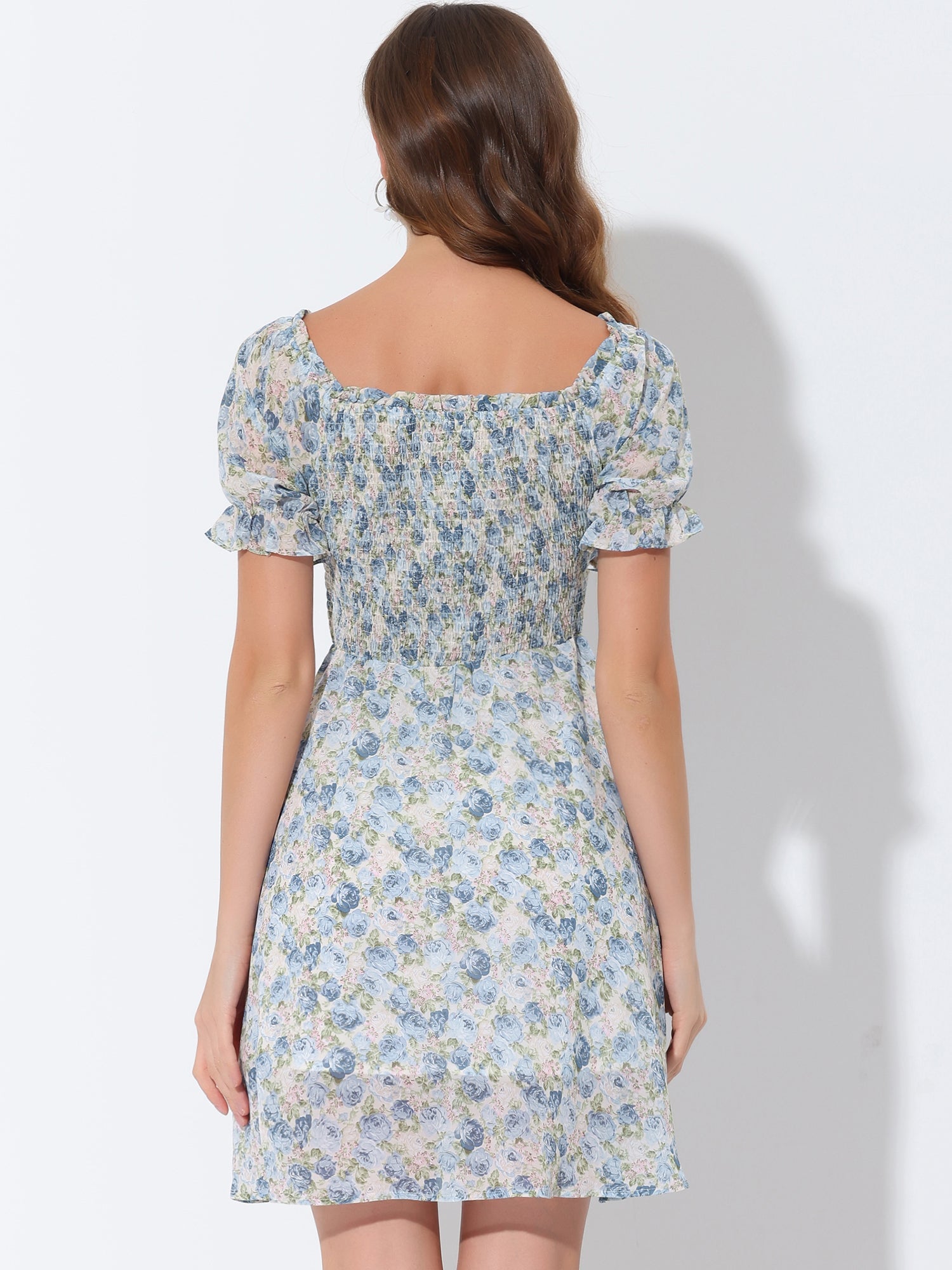Summer Square Neck Off Shoulder A-Line Smocked Chiffon Floral Dress