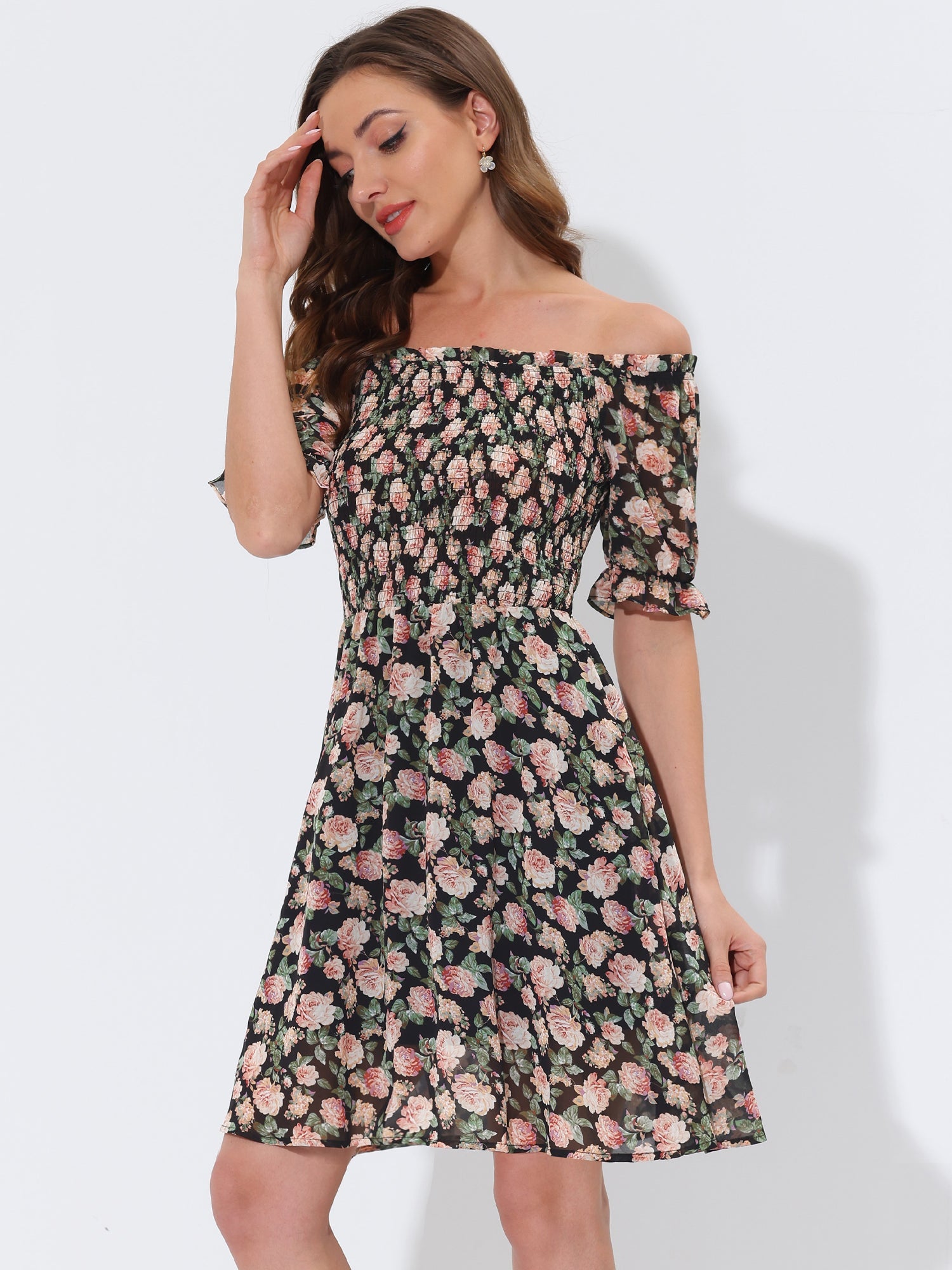 Summer Square Neck Off Shoulder A-Line Smocked Chiffon Floral Dress