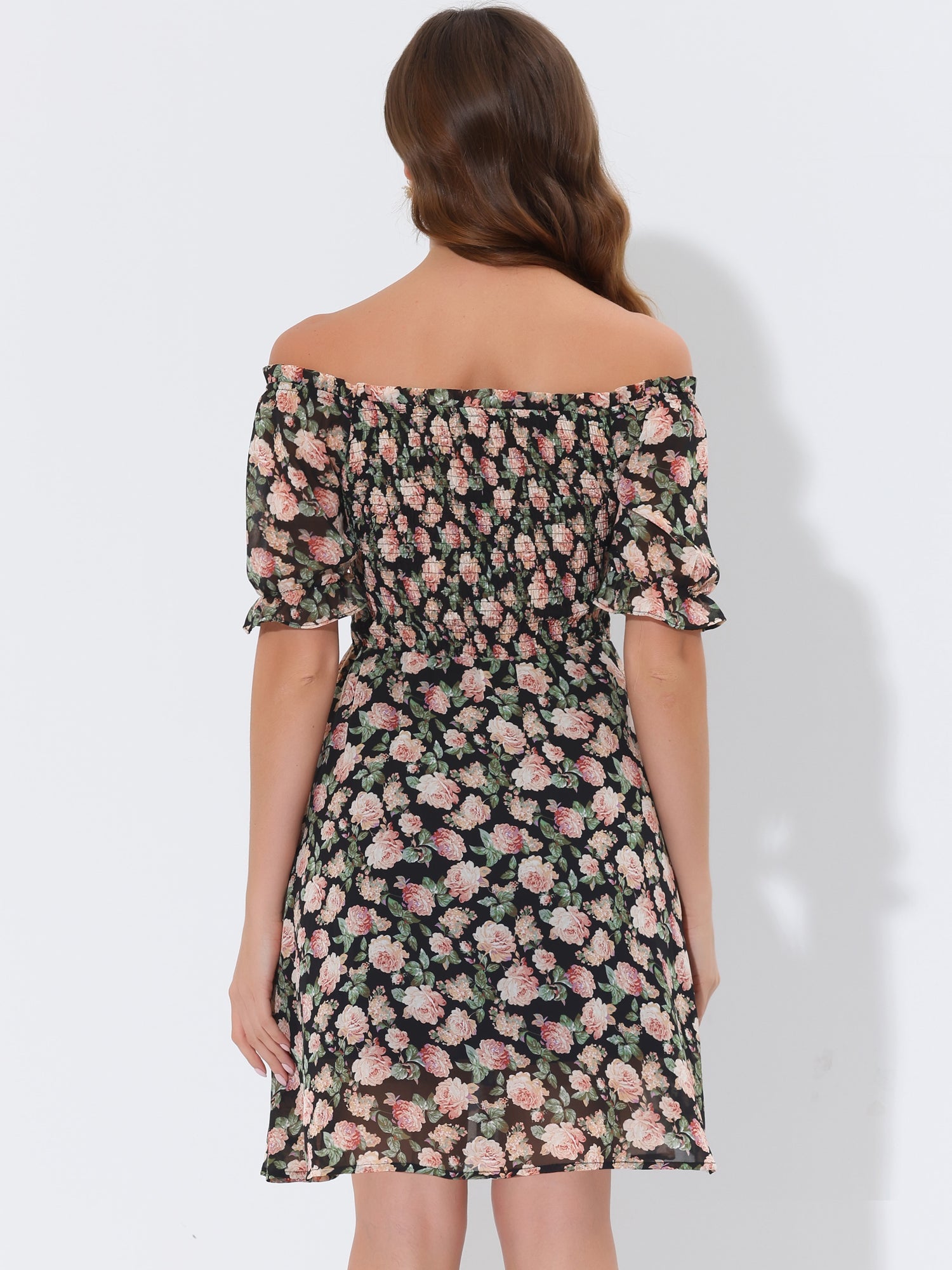 Summer Square Neck Off Shoulder A-Line Smocked Chiffon Floral Dress