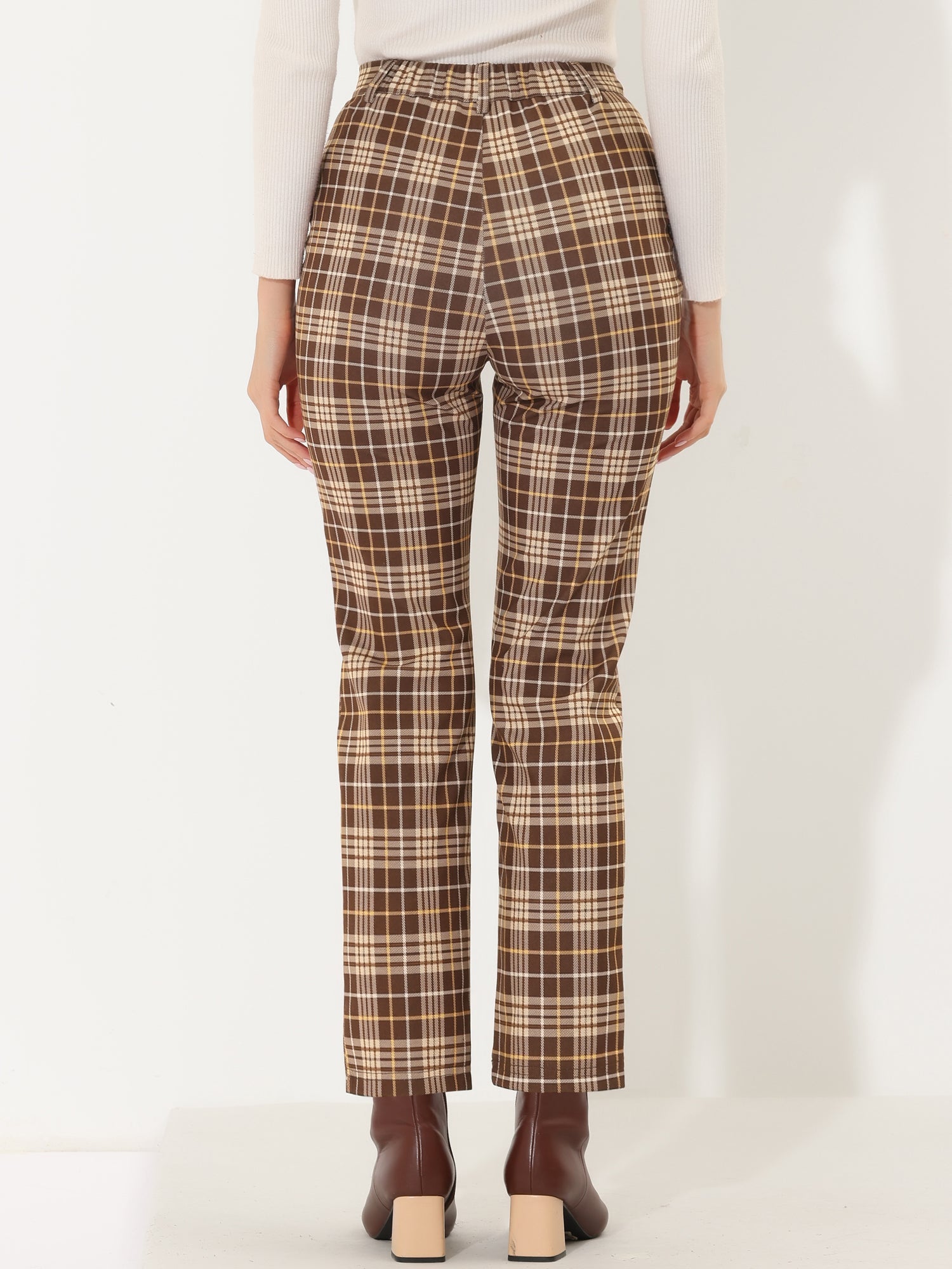 Plaid Cropped Trousers Button Casual Tartan Check Work Pants