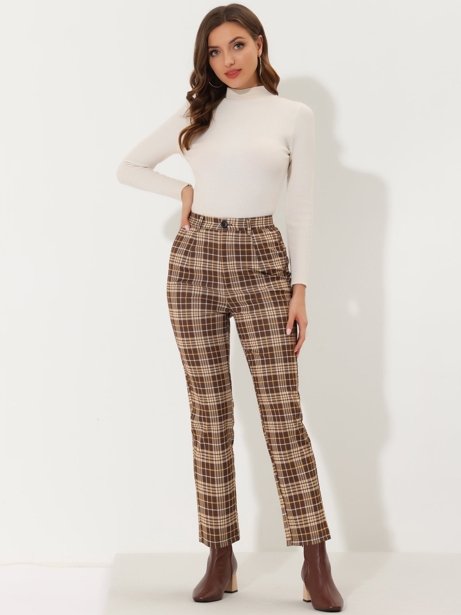 Plaid Cropped Trousers Button Casual Tartan Check Work Pants