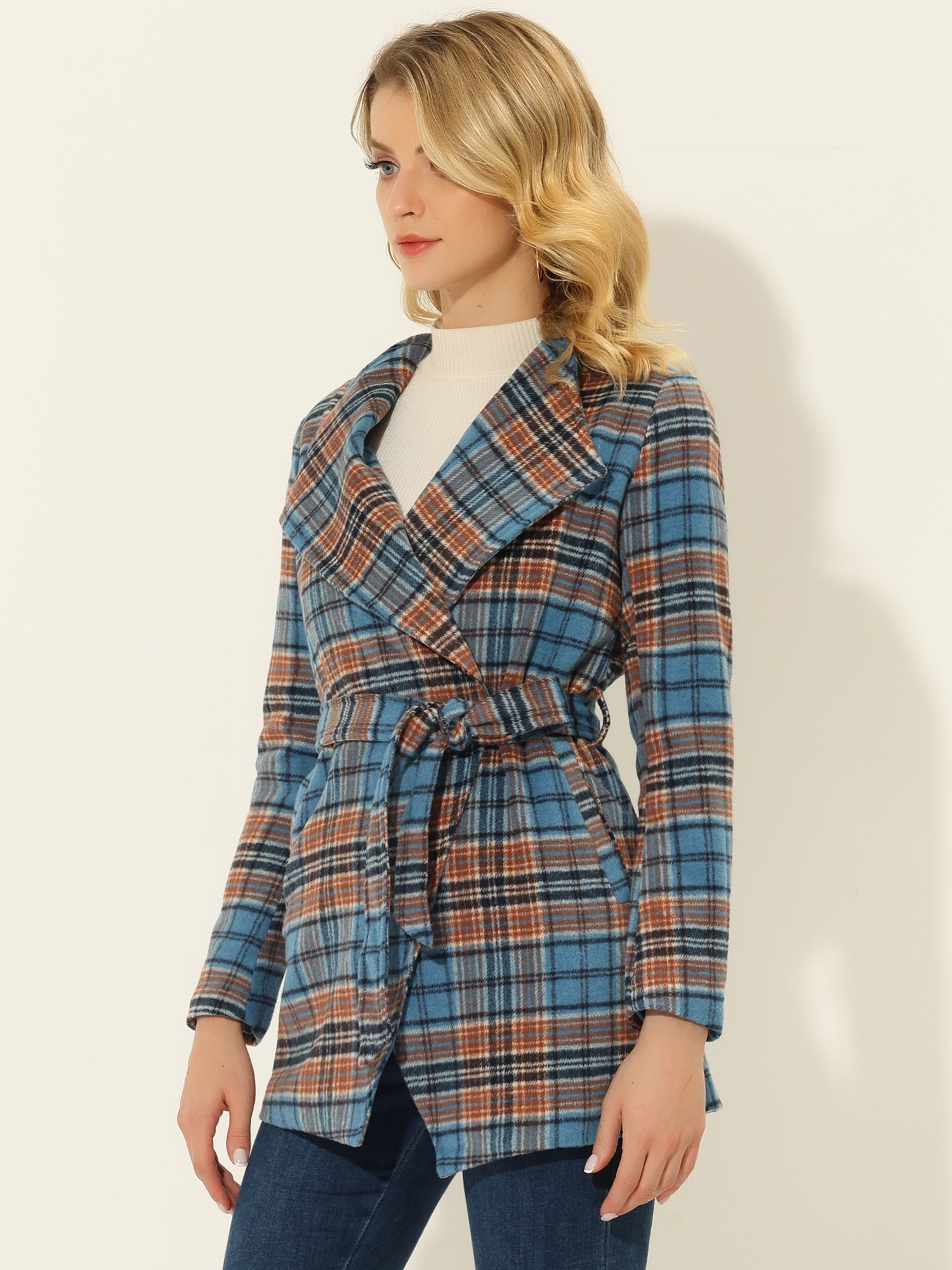 Belted Wrap Outerwear Shawl Collar Asymmetric Hem Plaid Coat