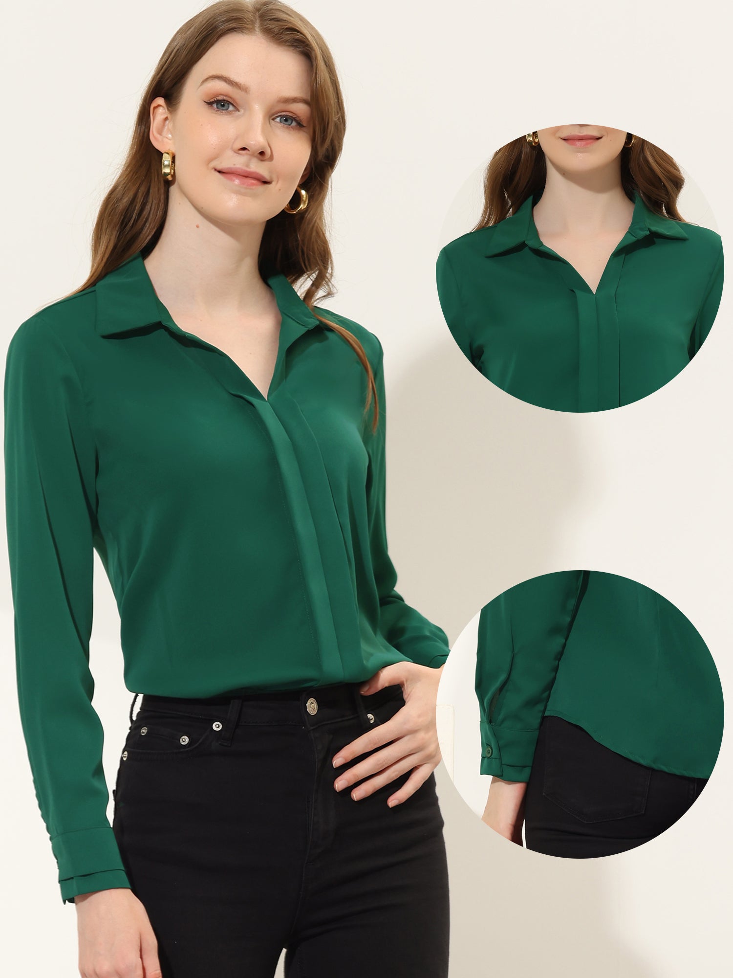 Satin V Neck Long Sleeve Silky Office Work Solid Shirt