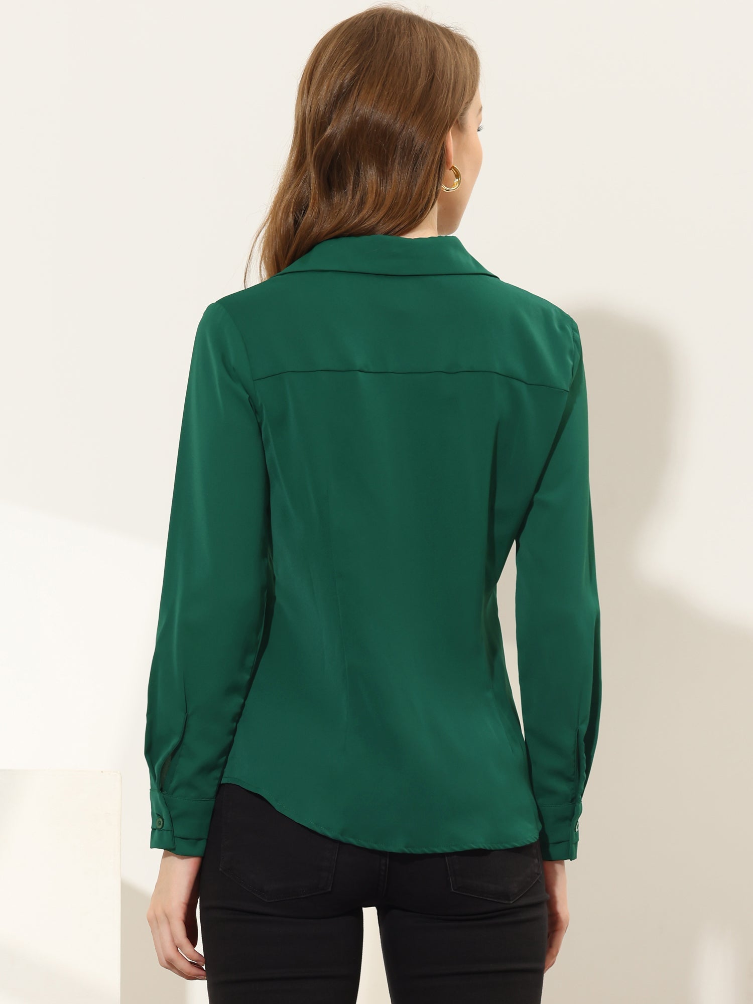 Satin V Neck Long Sleeve Silky Office Work Solid Shirt