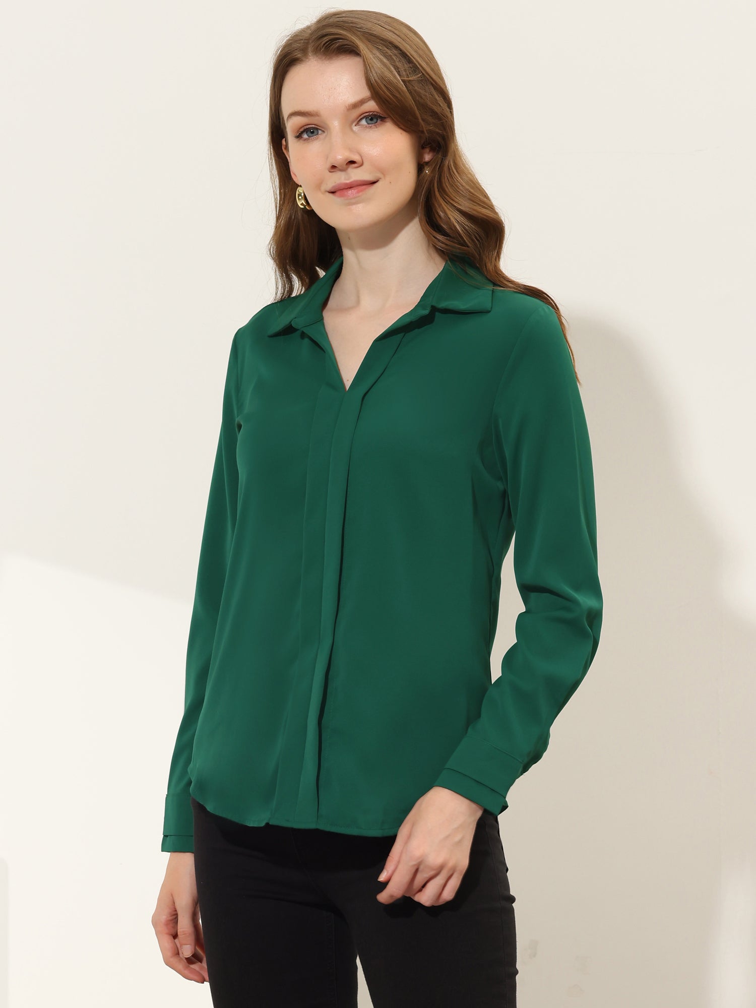 Satin V Neck Long Sleeve Silky Office Work Solid Shirt