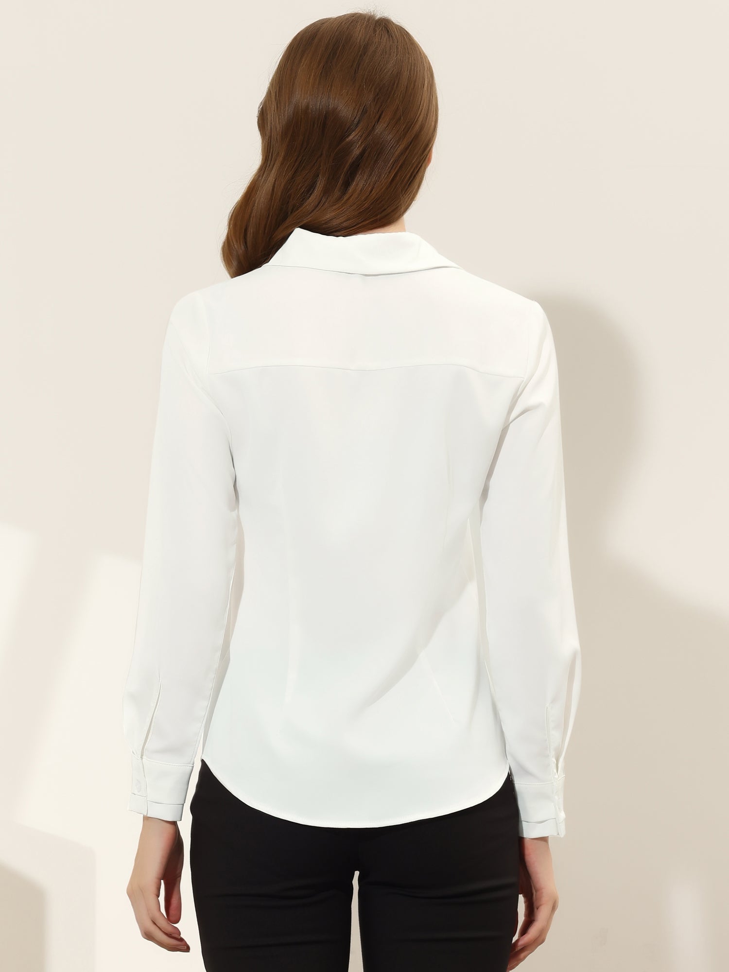 Satin V Neck Long Sleeve Silky Office Work Solid Shirt