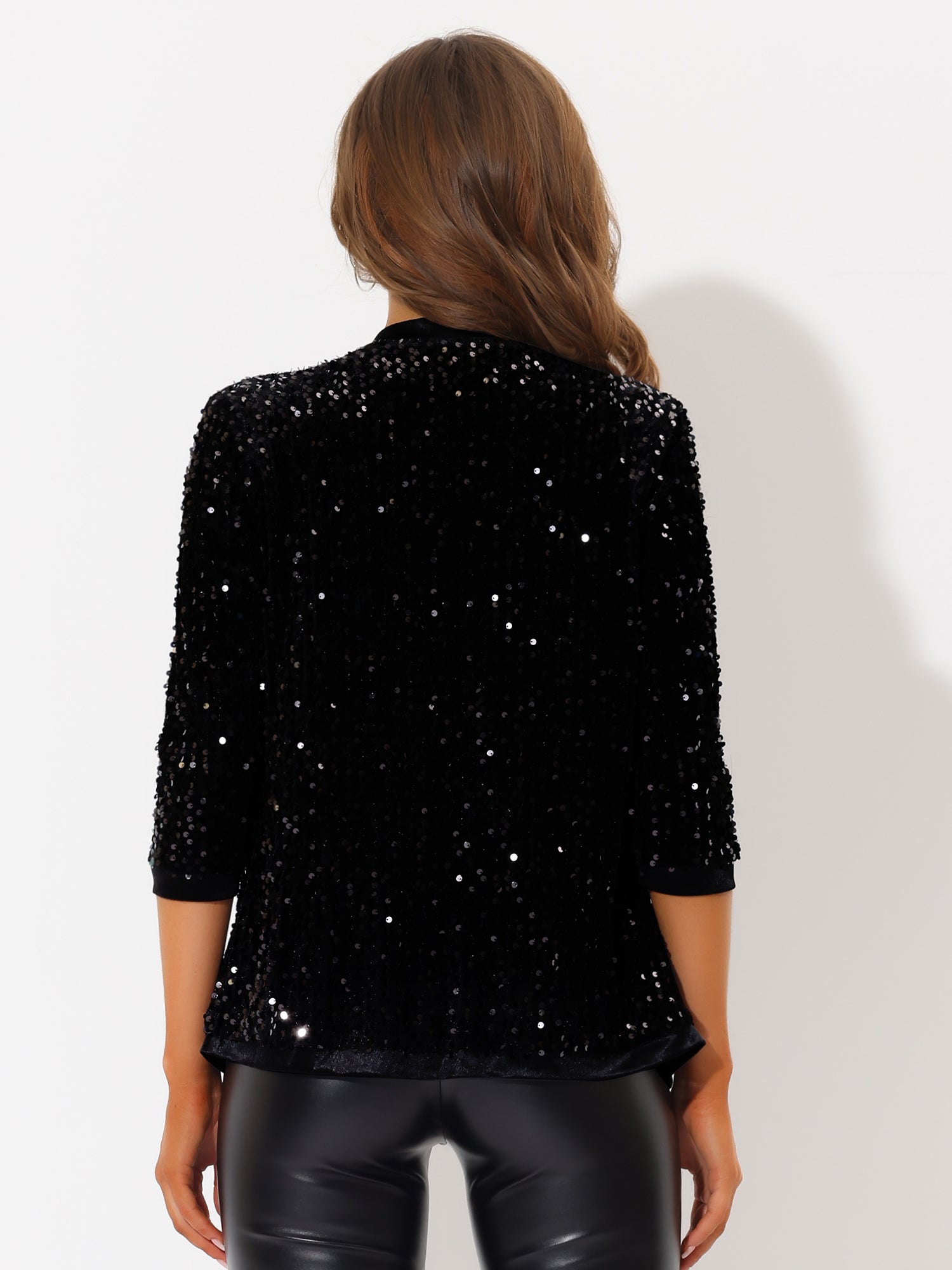 Sequin Open Front Collarless 3/4 Sleeve Velvet Jacket
