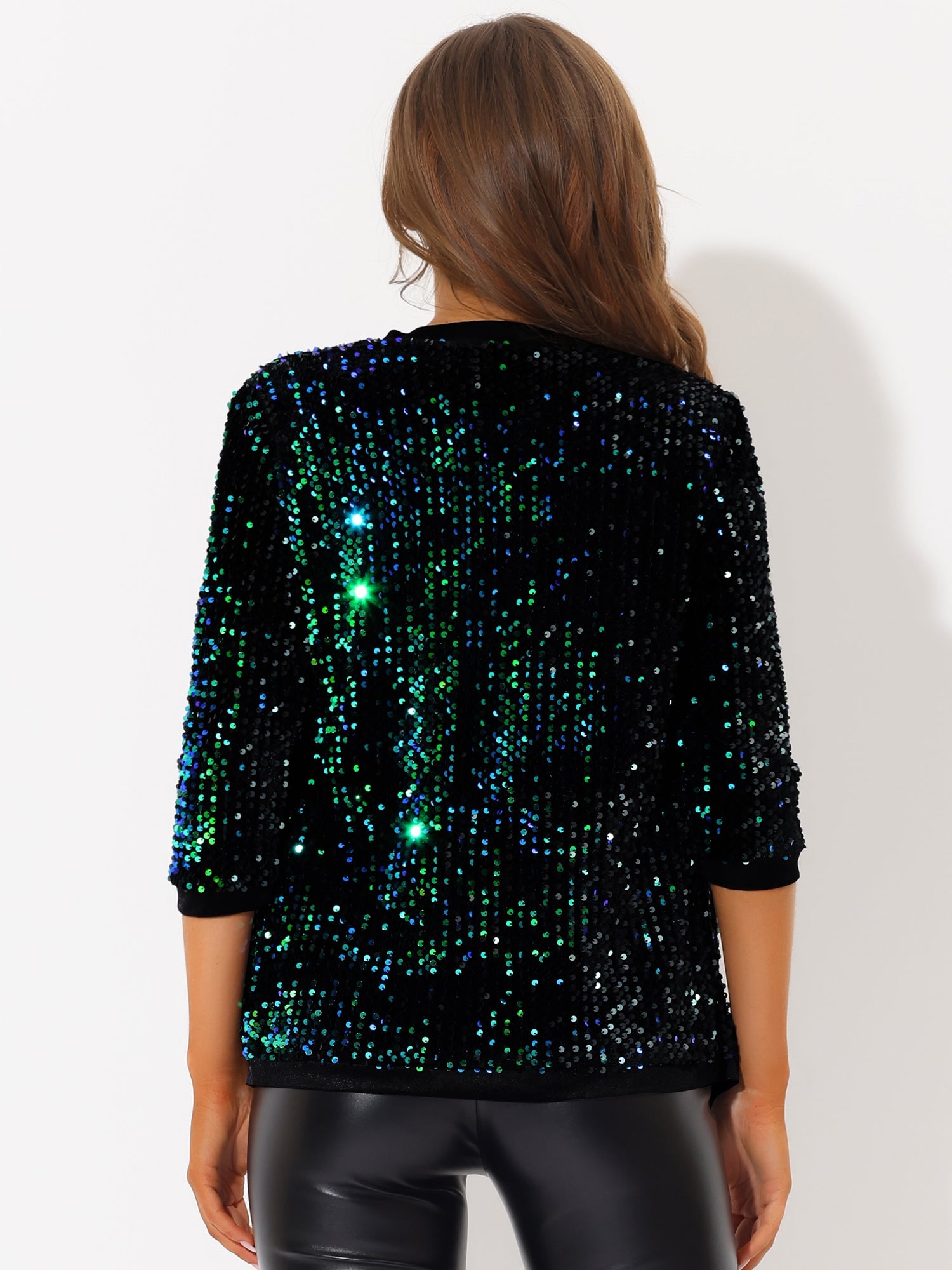 Sequin Open Front Collarless 3/4 Sleeve Velvet Jacket