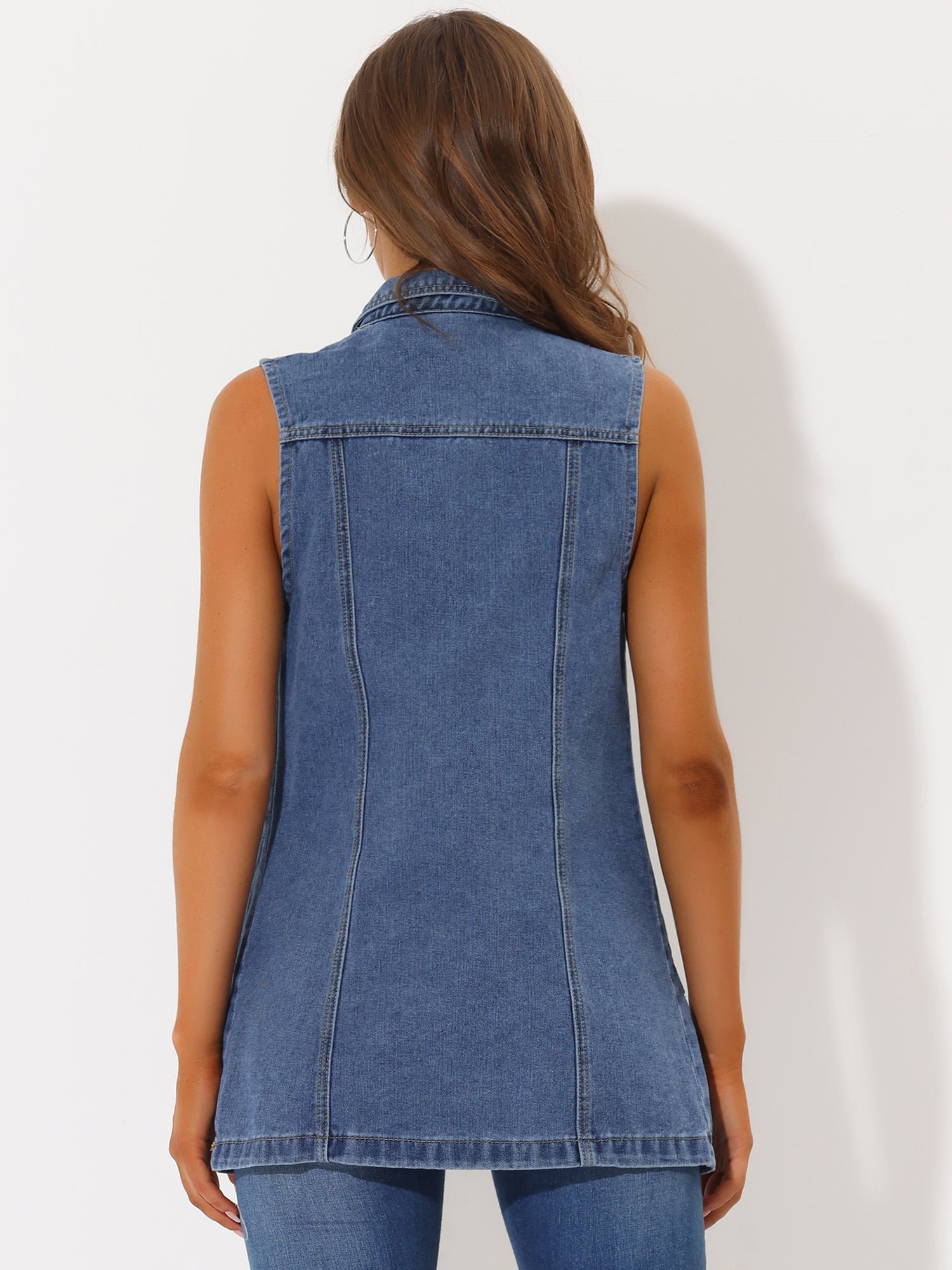 Casual Button Down Waistcoat Sleeveless Mid Long Denim Vest