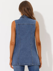 Casual Button Down Waistcoat Sleeveless Mid Long Denim Vest