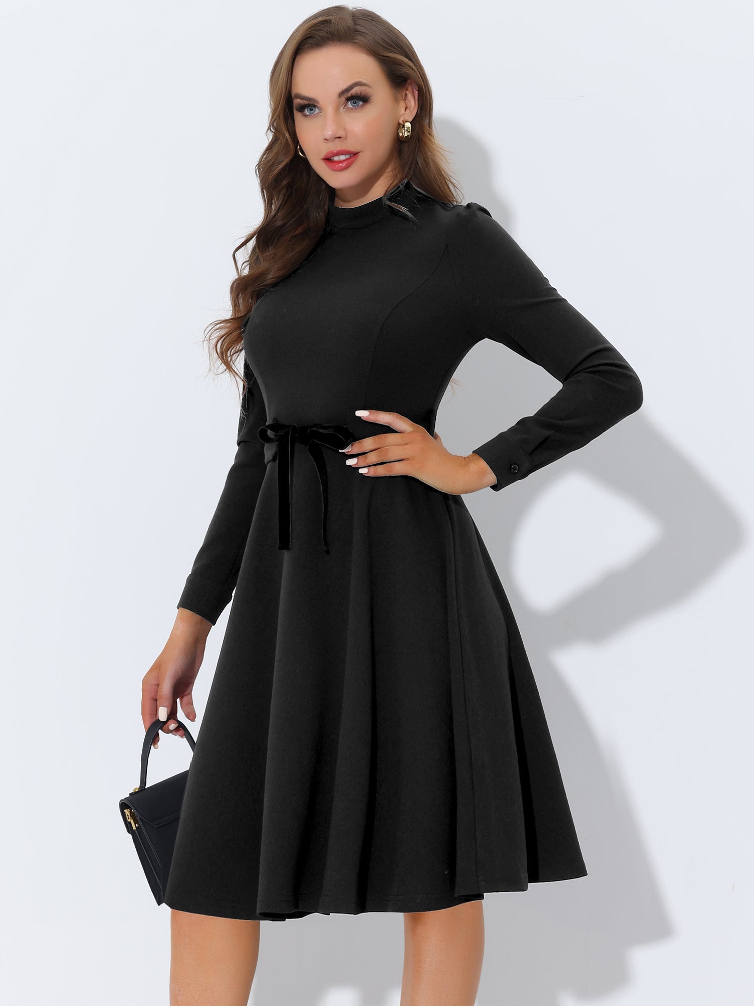 Elegant Sheath Mock Neck Flare Long Sleeve Knit Midi Dress