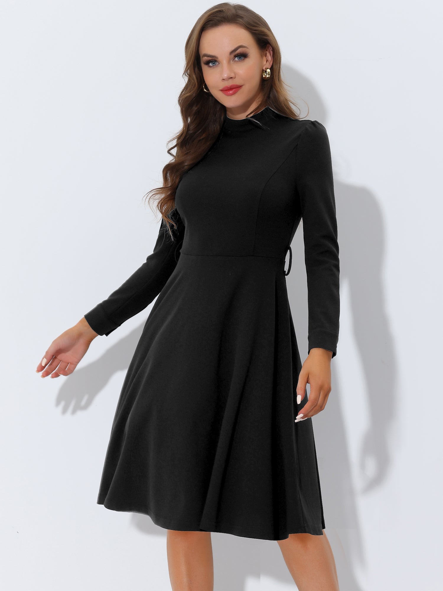 Elegant Sheath Mock Neck Flare Long Sleeve Knit Midi Dress
