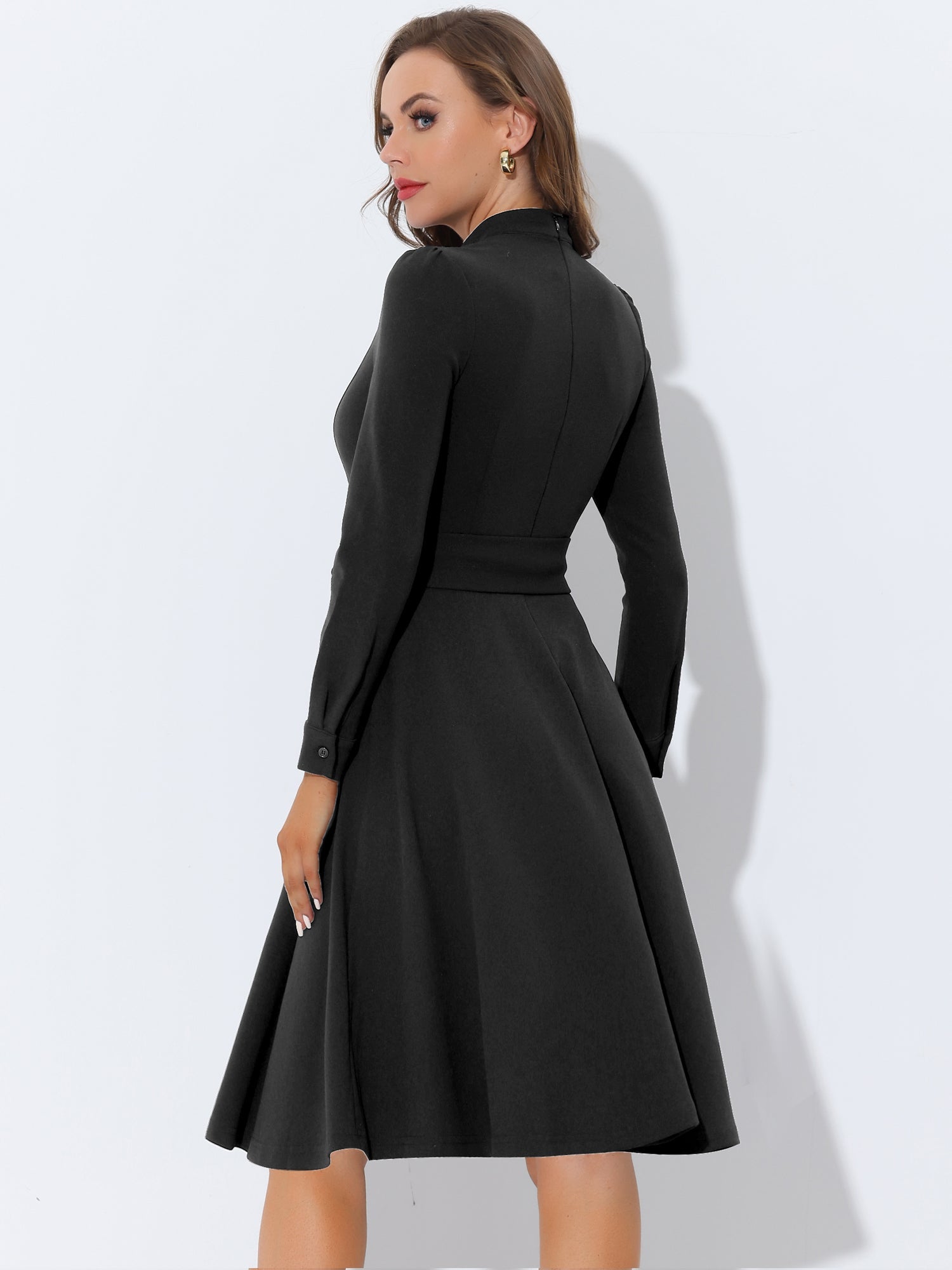 Elegant Sheath Mock Neck Flare Long Sleeve Knit Midi Dress