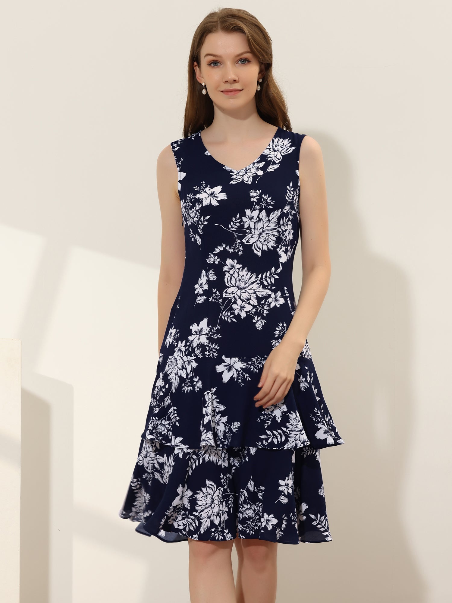 Work flower Print Contrast Panel 2pc Sets Chiffon V Neck Jacket Dress