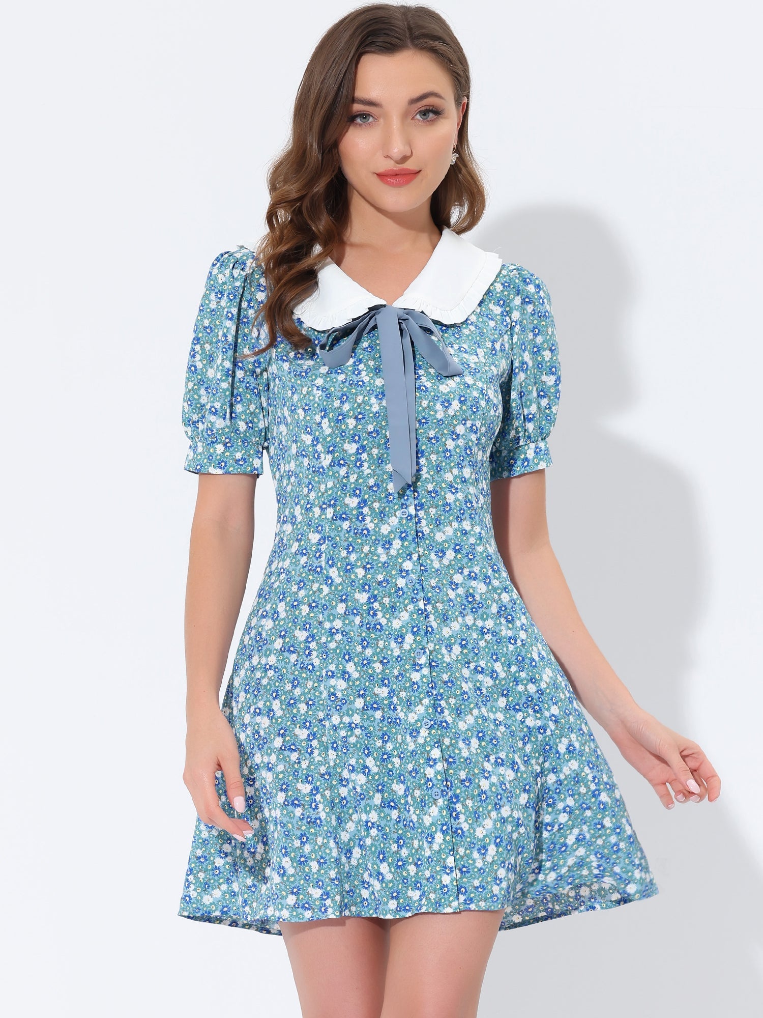Peter Pan Collar Flowy Short Sleeve Ruffle Summer Floral Shirt Dress