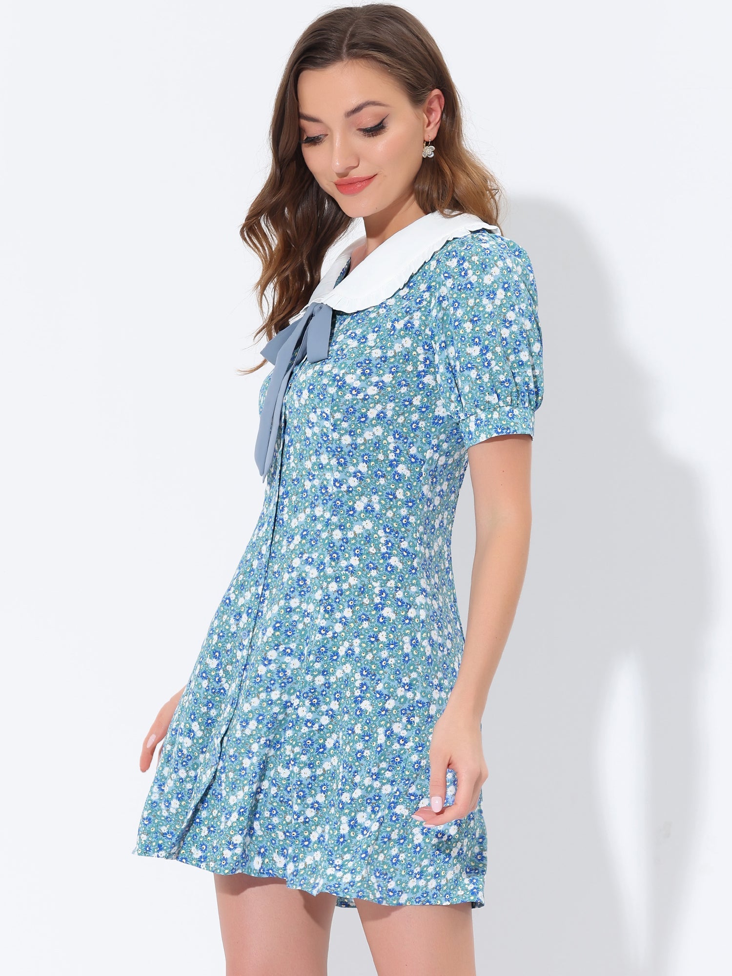 Peter Pan Collar Flowy Short Sleeve Ruffle Summer Floral Shirt Dress