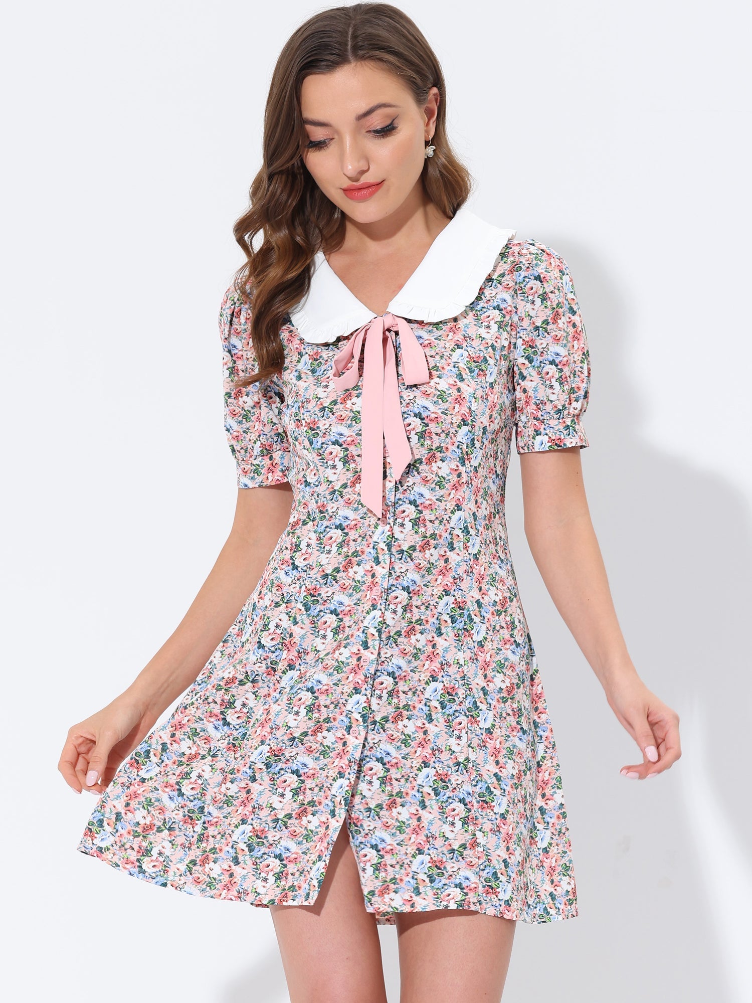 Peter Pan Collar Flowy Short Sleeve Ruffle Summer Floral Shirt Dress