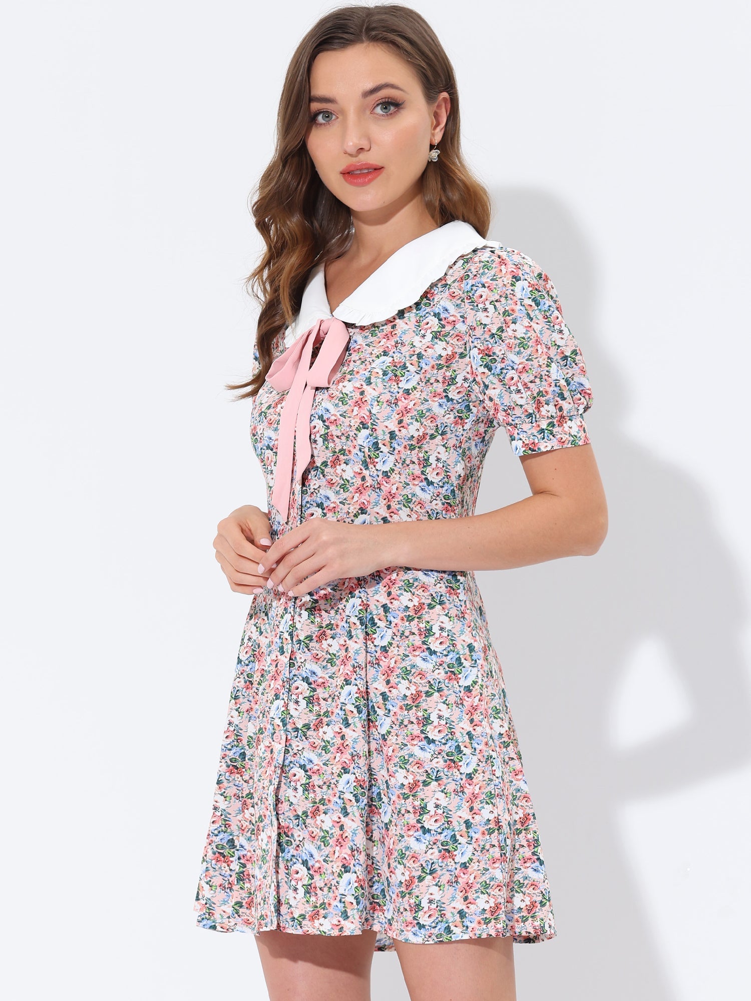 Peter Pan Collar Flowy Short Sleeve Ruffle Summer Floral Shirt Dress