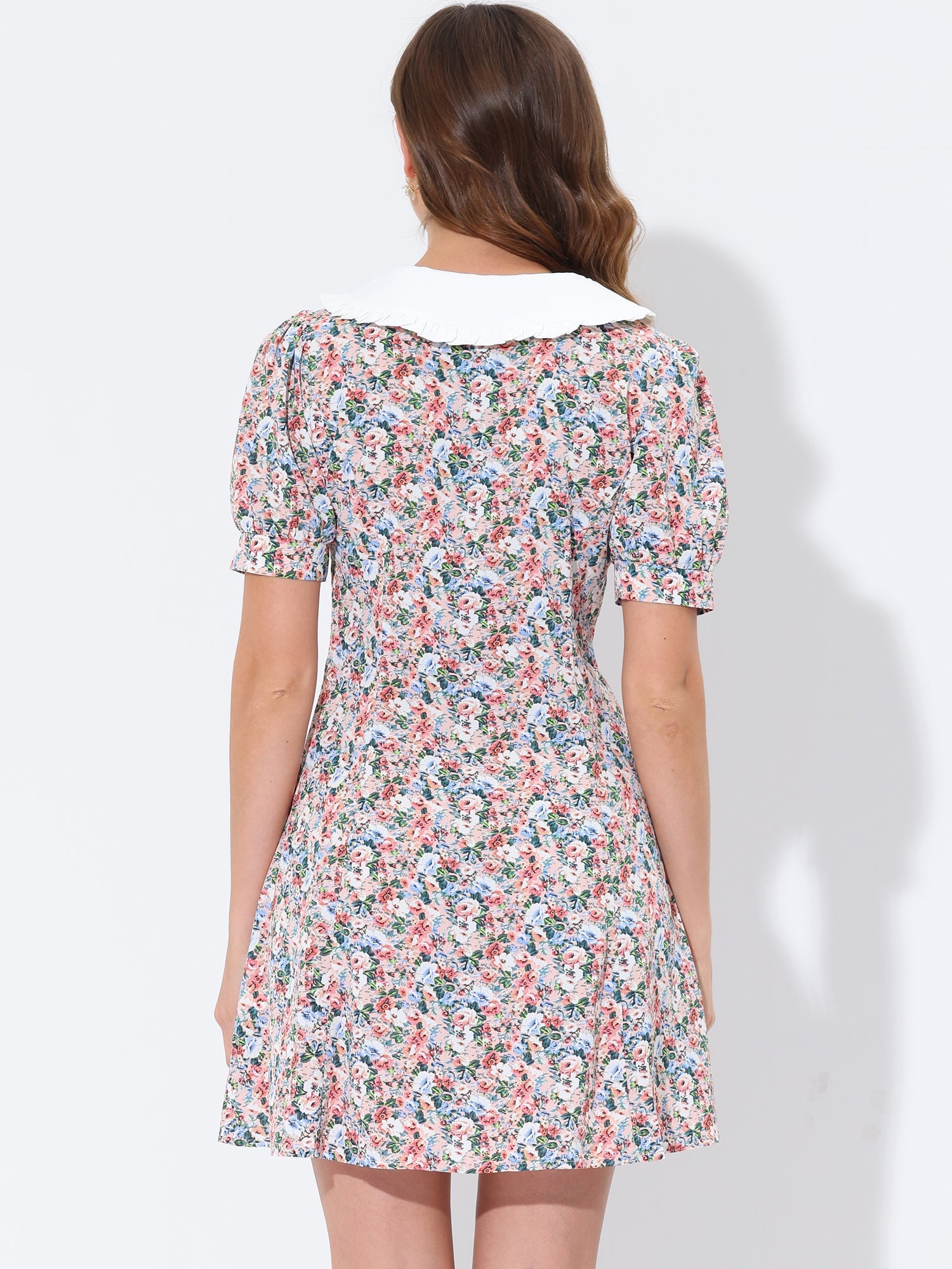Peter Pan Collar Flowy Short Sleeve Ruffle Summer Floral Shirt Dress