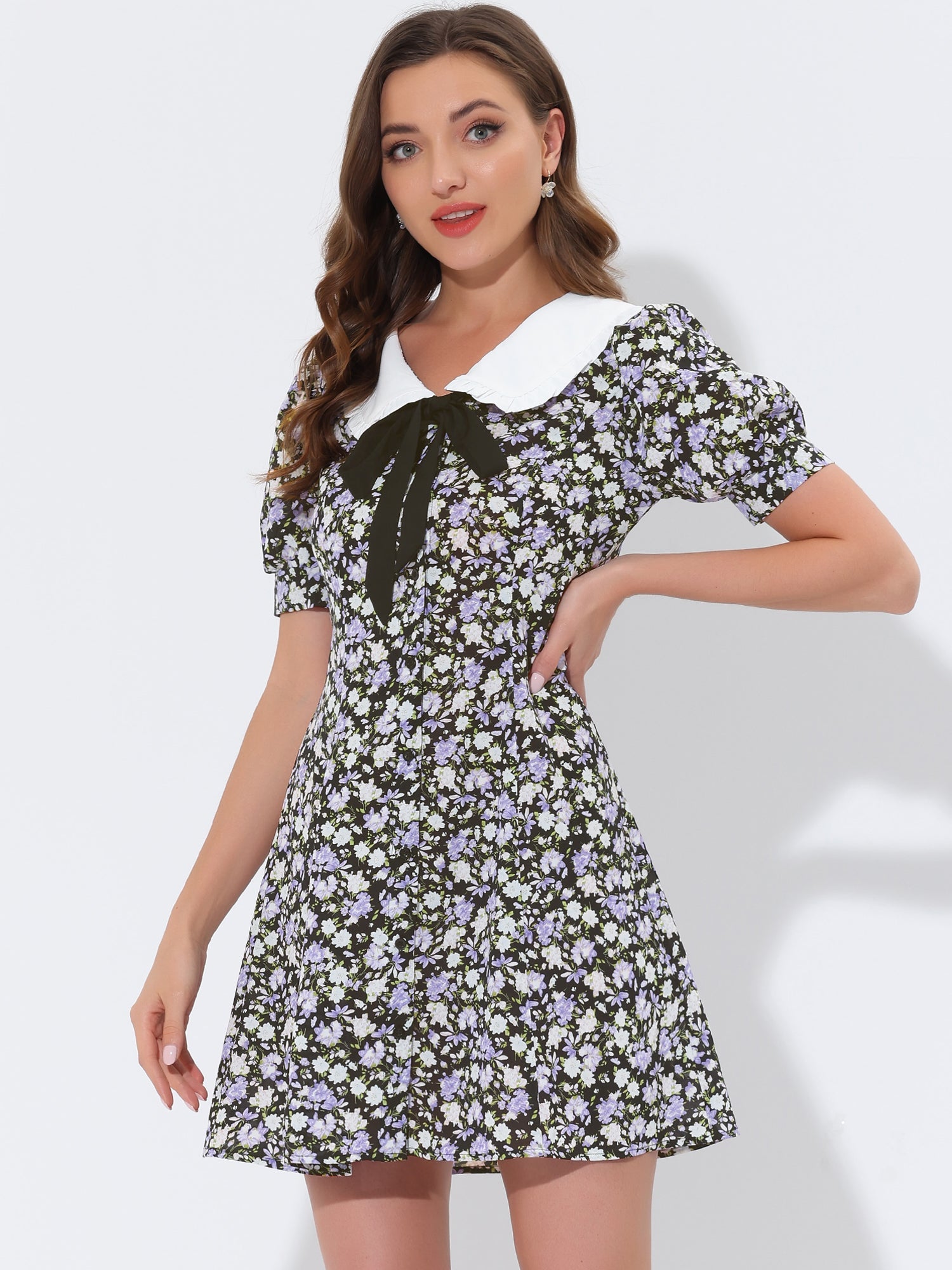 Peter Pan Collar Flowy Short Sleeve Ruffle Summer Floral Shirt Dress